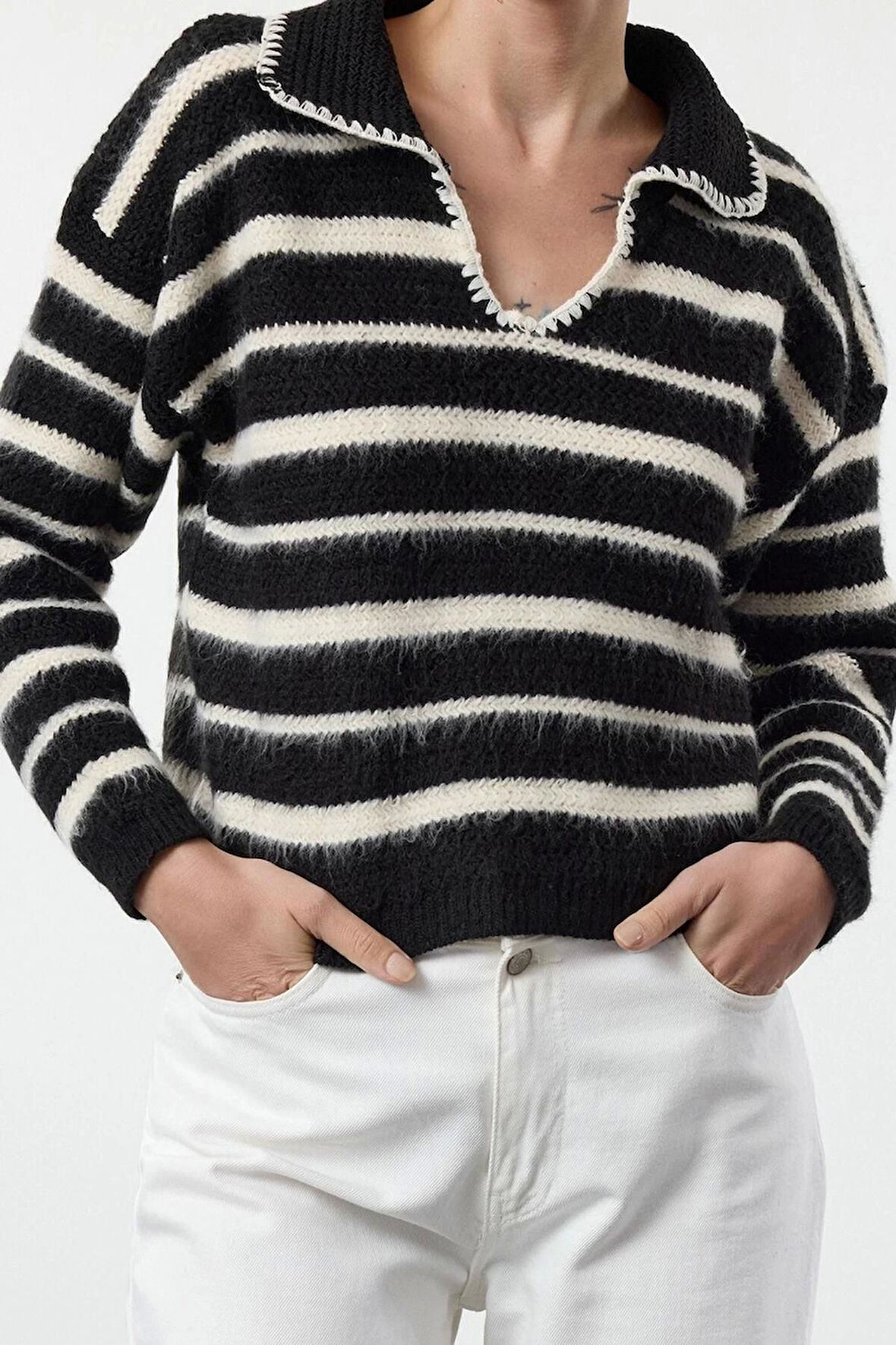 Kadın Moda Şık Polo Yaka Düşük Kol Regular Çizgili Triko Kazak