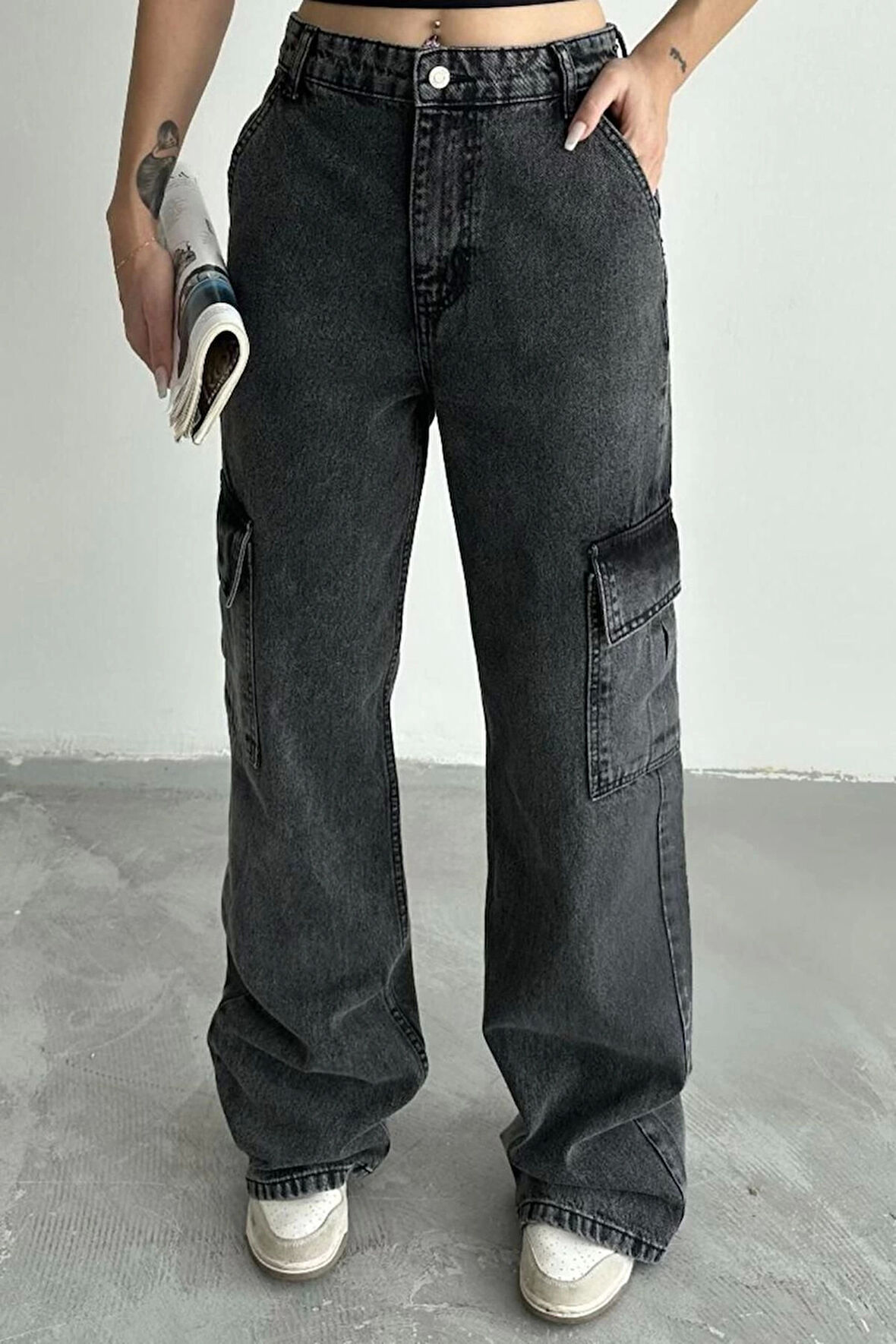 Kadın Moda Şık Kot Pantolon Geniş Paça Uzun Boy Denim Antrasit Kargo Cepli Yüksek Bel Jeans