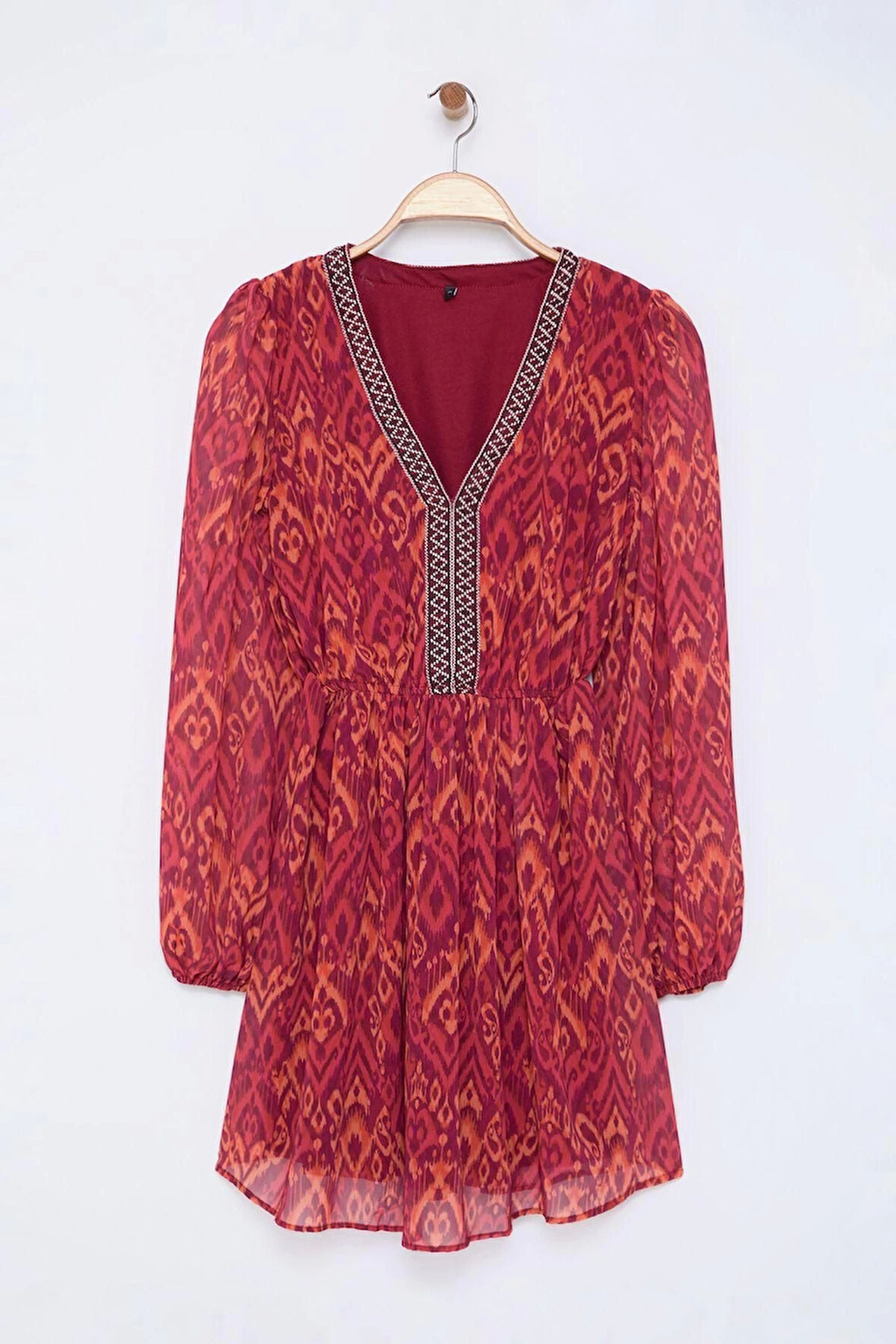 Kadın Moda Şık Mini Boy V Yaka Regular Çiçekli Dokuma Elbise