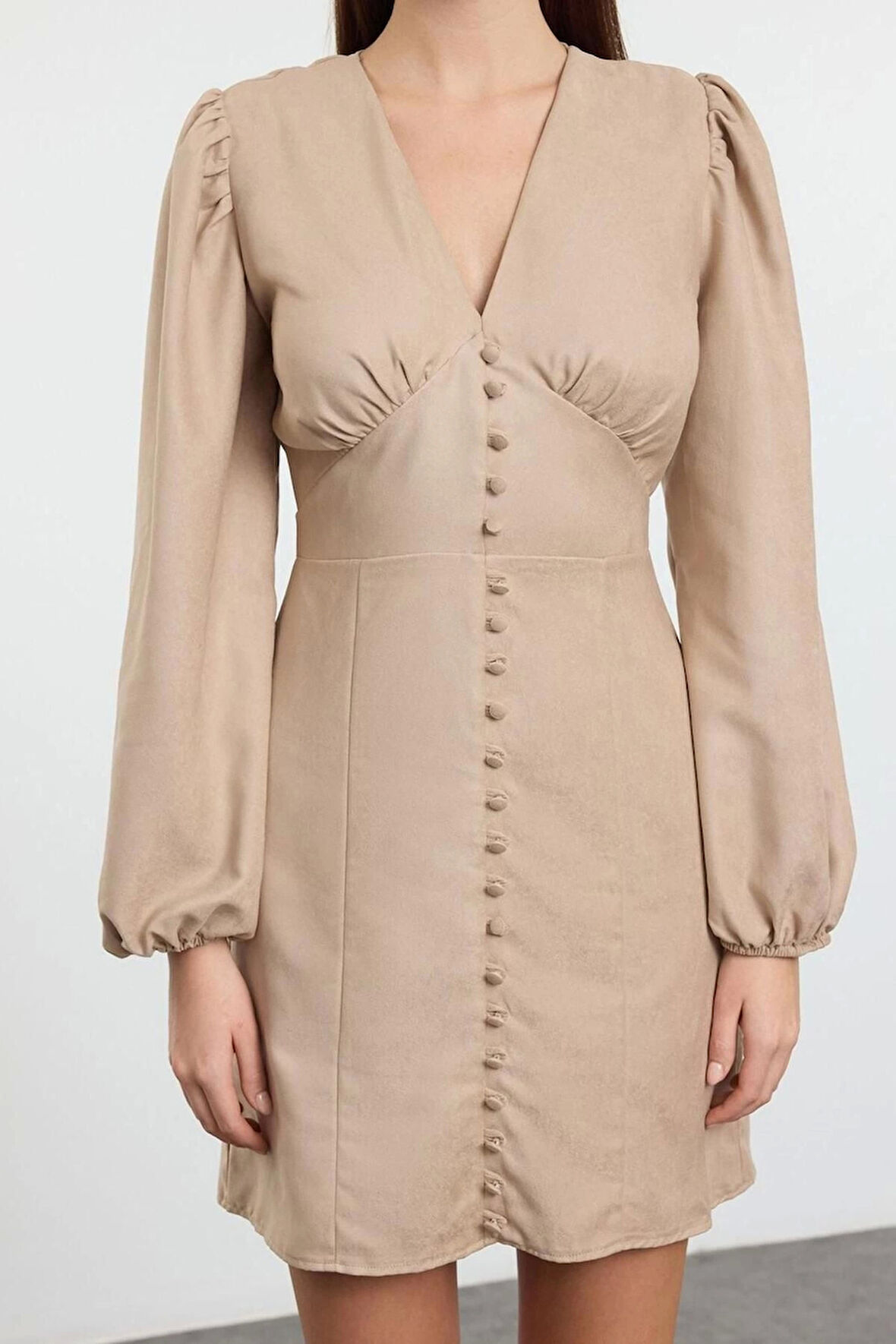 Kadın Moda Şık Mini Boy V Yaka Regular Düz Dokuma Elbise