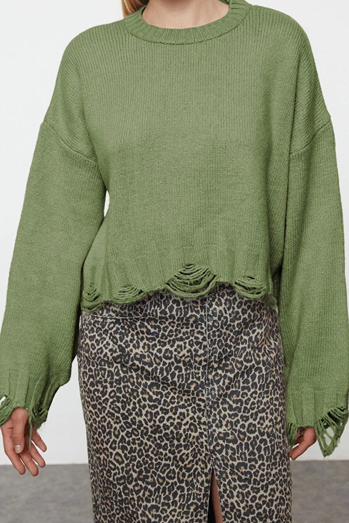 Kadın Moda Şık Bisiklet Yaka Düşük Kol Crop Süper Geniş Kalıp Yumuşak Dokulu Triko Kazak