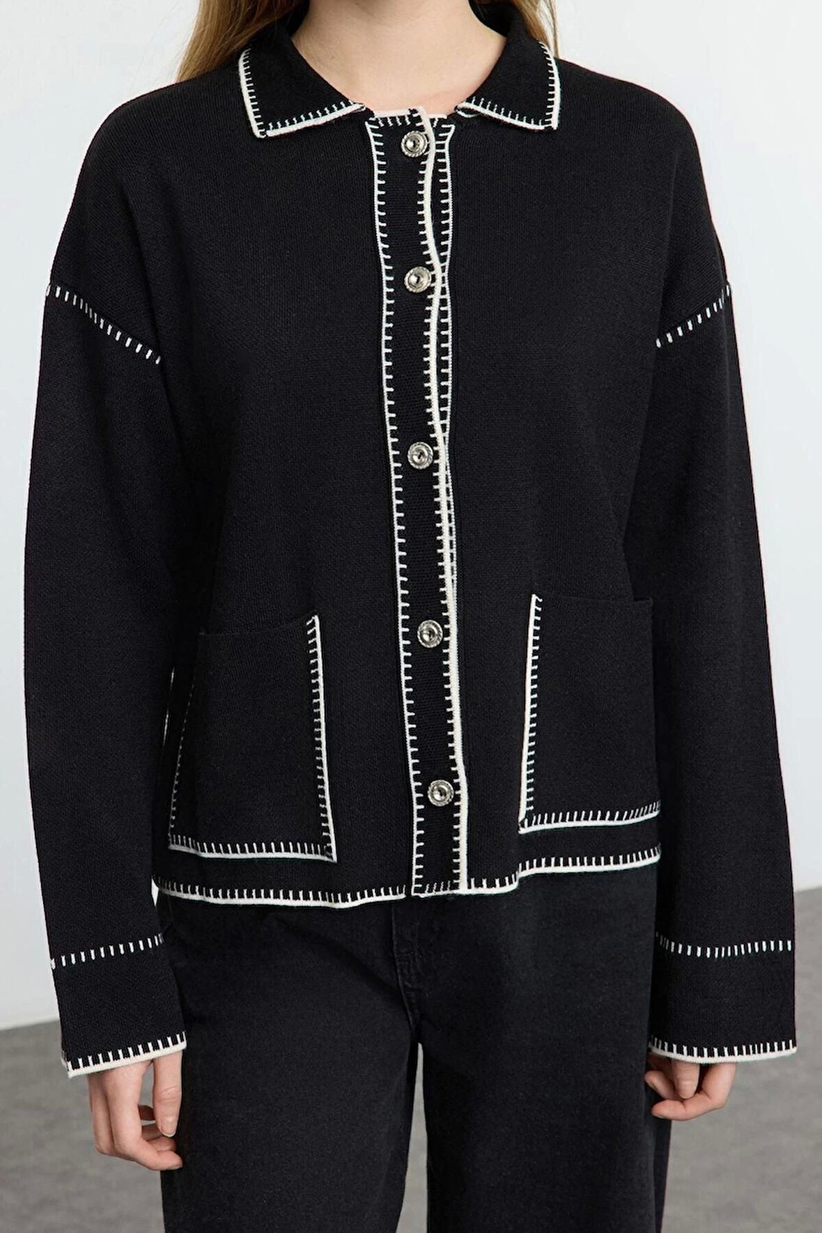 Kadın Moda Şık Polo Yaka Standart Kol Regular Renk Bloklu Triko Hırka