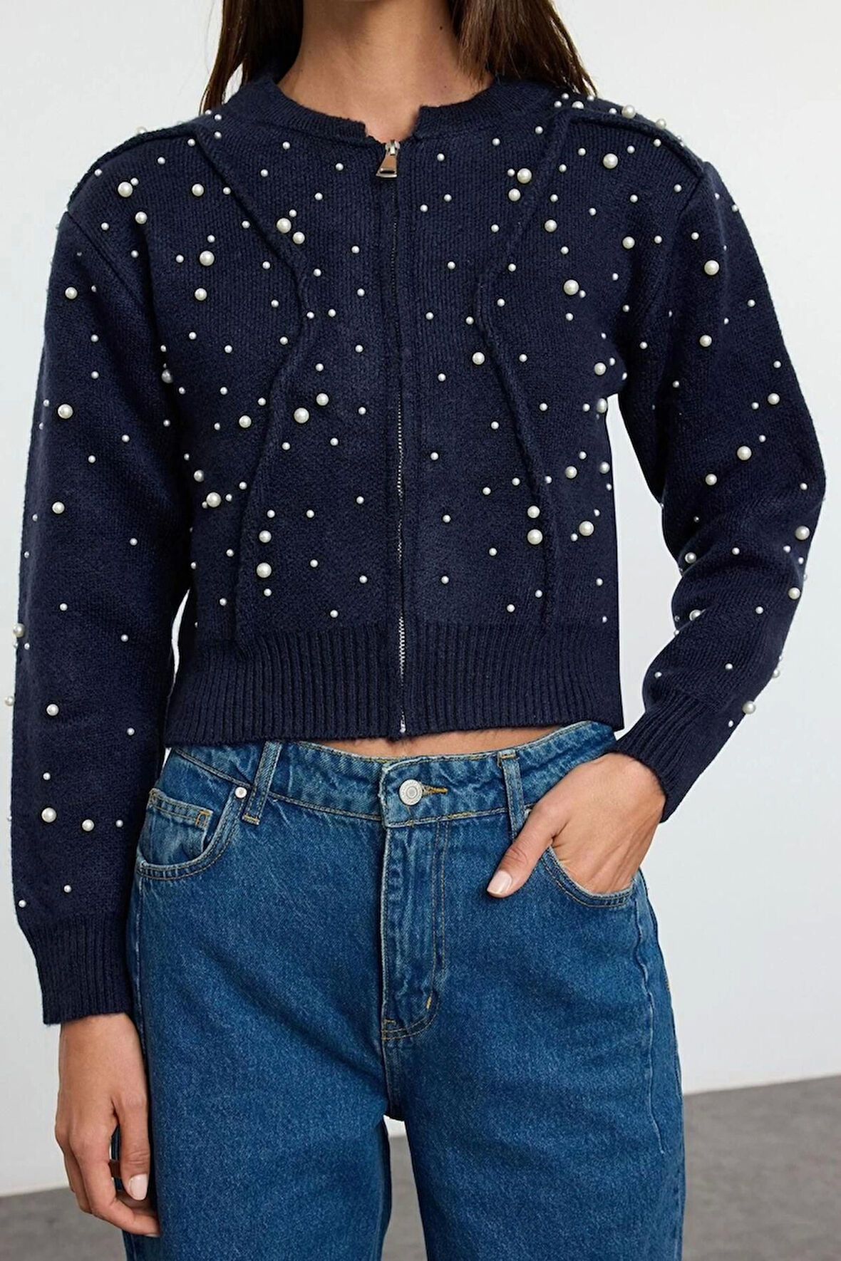 Kadın Moda Şık Bomber Yaka Standart Kol Regular Yumuşak Fermuarlı Taşlı Mont Görünümlü Triko Hırka