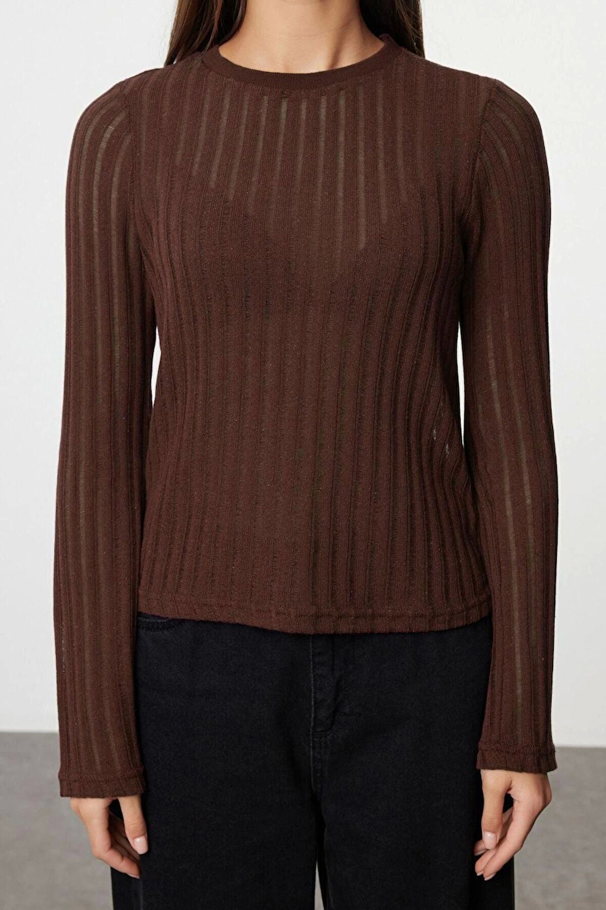 Kadın Moda Şık Regular Bisiklet Yaka Regular Kalıp Örme Transparan Triko Görünümlü Kumaş Boy Bluz