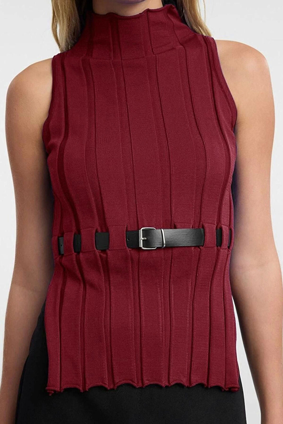 Kadın Moda Şık Dik Yaka Standart Kol Regular Kemerli Triko Süveter