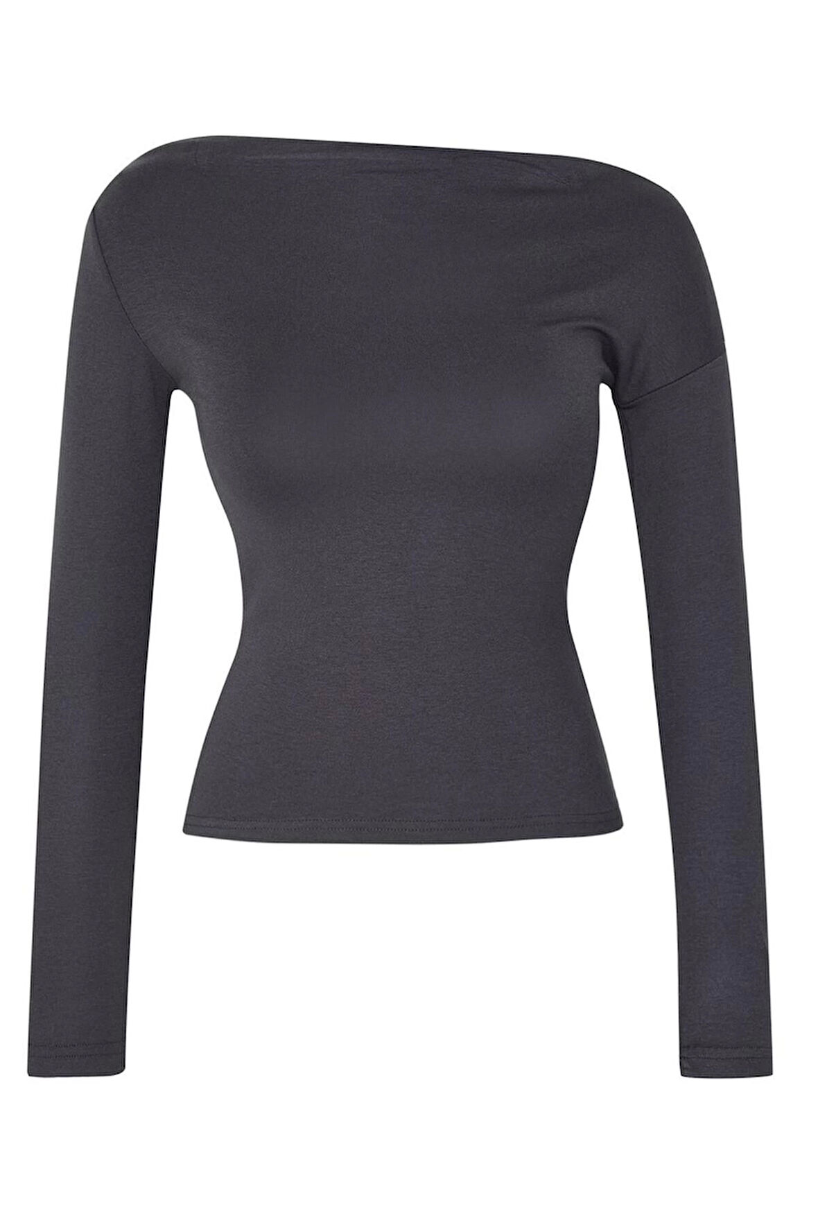 Kadın Şık Regular Kayık Yaka Düşük Kol Slim Kalıp Örme Düz Yumuşak Kumaşlı Fitted Vücuda Oturan Bluz