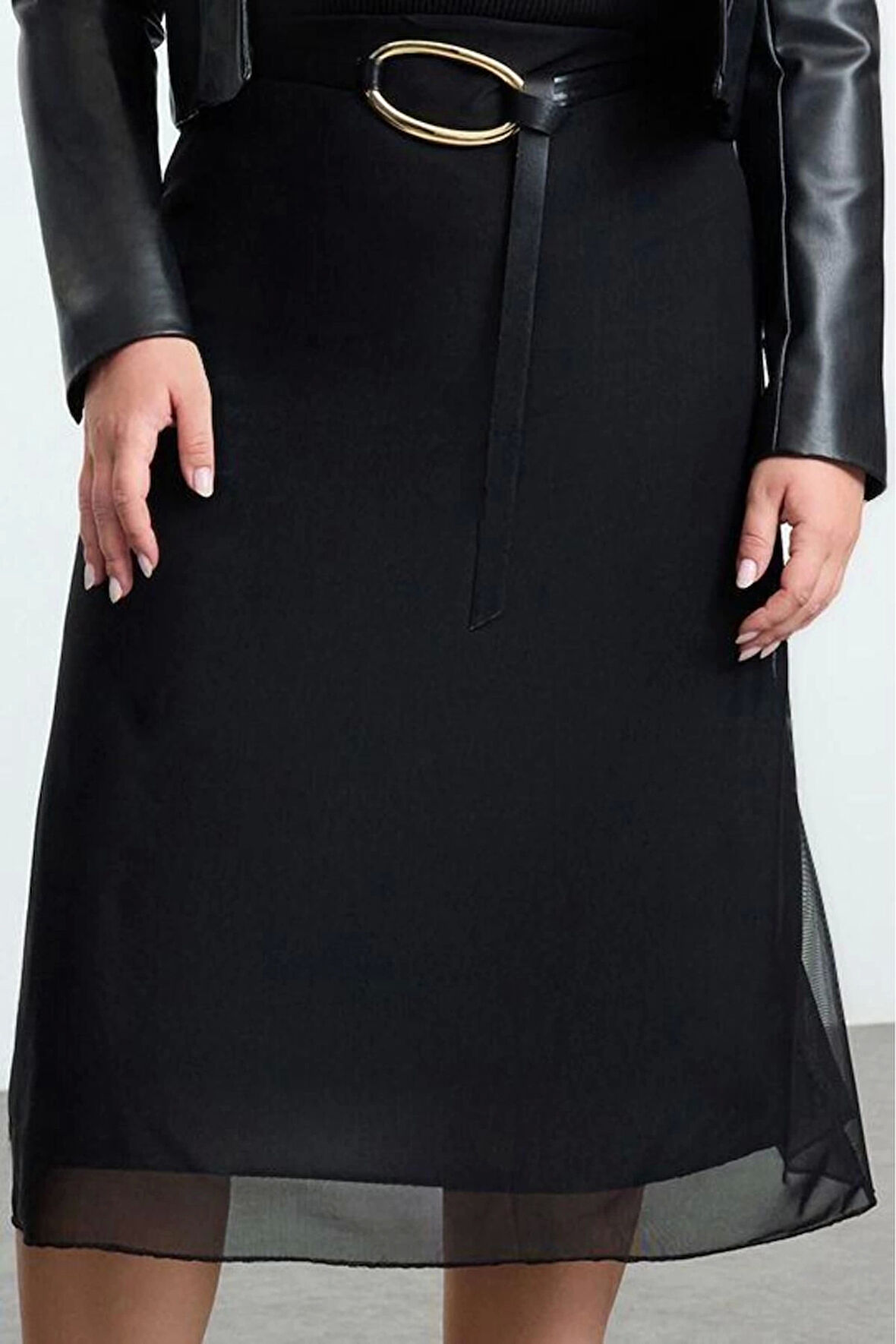 Kadın Moda Stil Midi Astarsız Örme Büyük Beden Tül Örme Etek