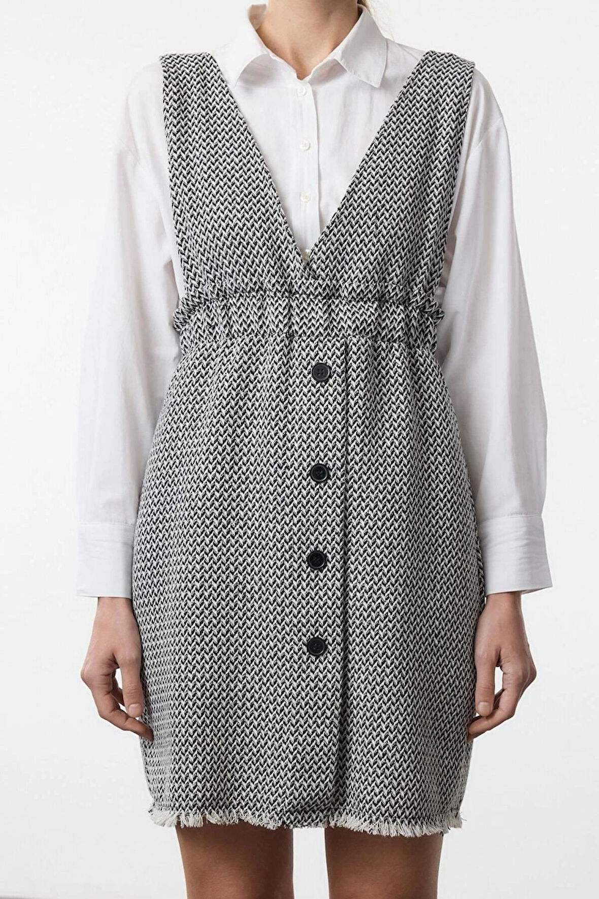 Kadın Moda Şık Mini Boy V Yaka Regular Tüvit Kumaş Jile Dokuma Elbise