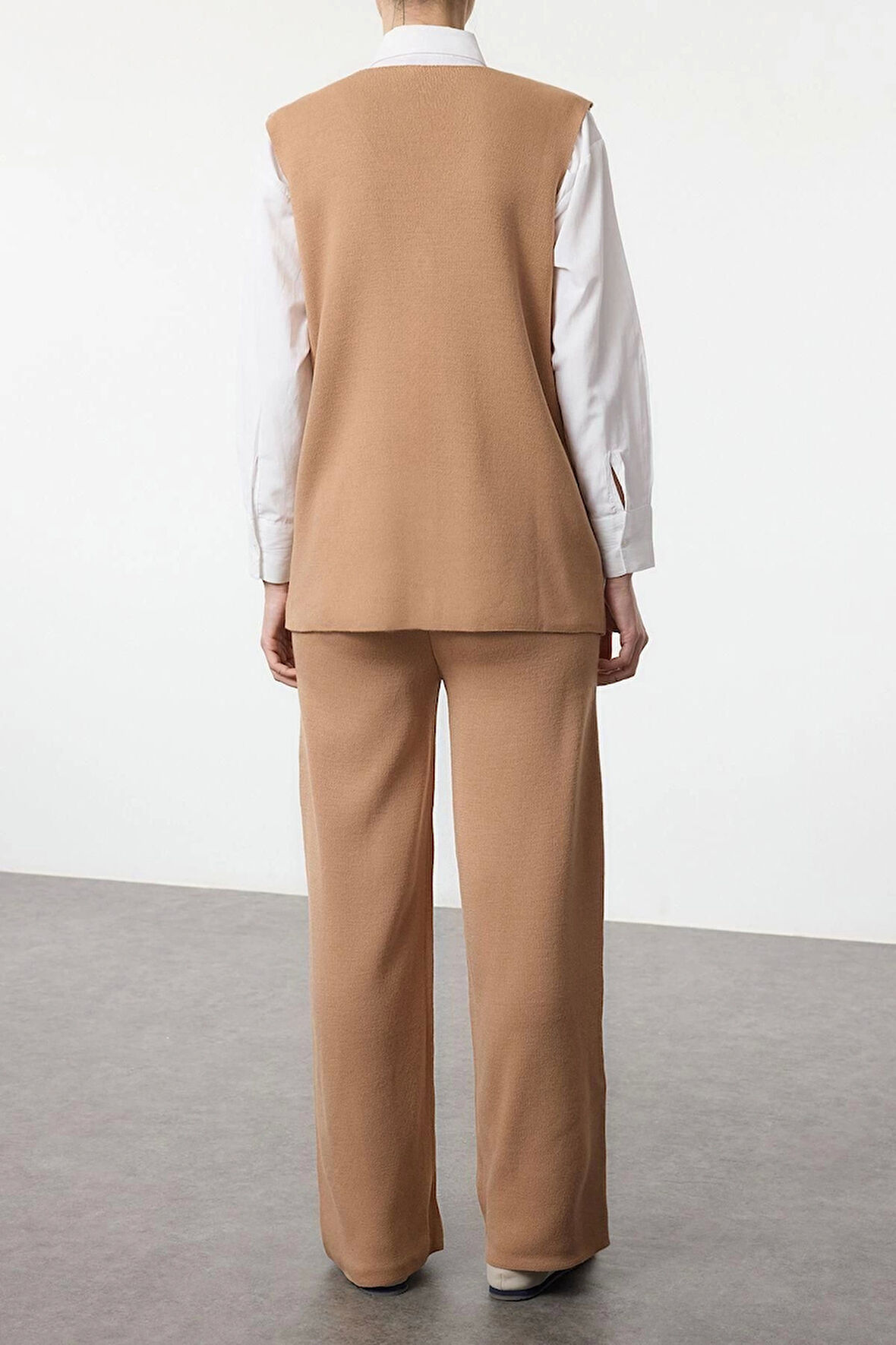 Kadın Moda Şık Regular Boy Kolsuz Triko Yelek Pantolon Alt Üst Takım