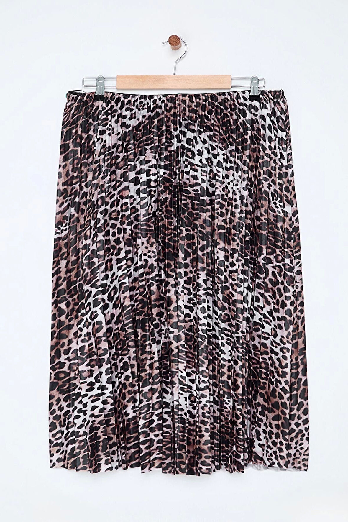Kadın Moda Stil Midi Astarsız Dokuma Büyük Beden Esnek Lastik Belli Leopar Desenli Piliseli Etek