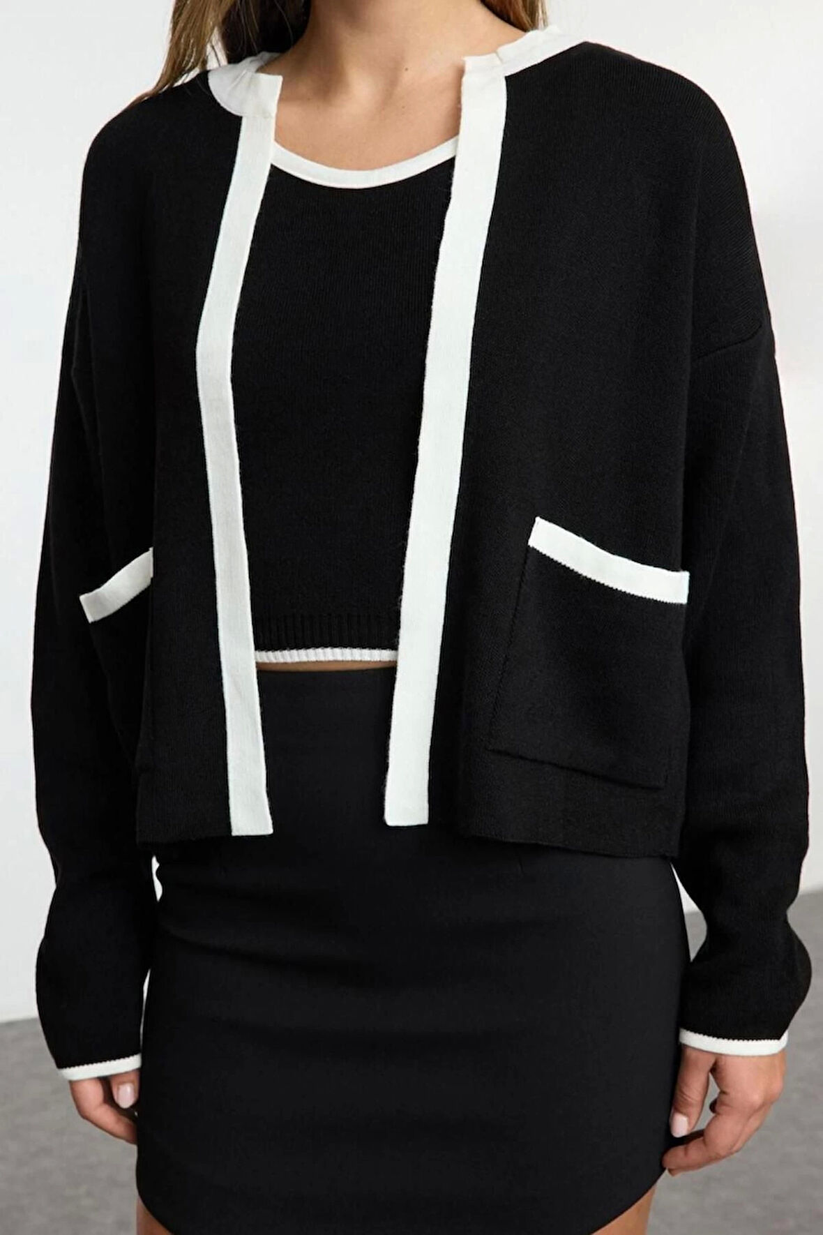 Kadın Moda Şık Bisiklet Yaka Standart Kol Regular Renk Bloklu Triko Bluz- Hırka Takım