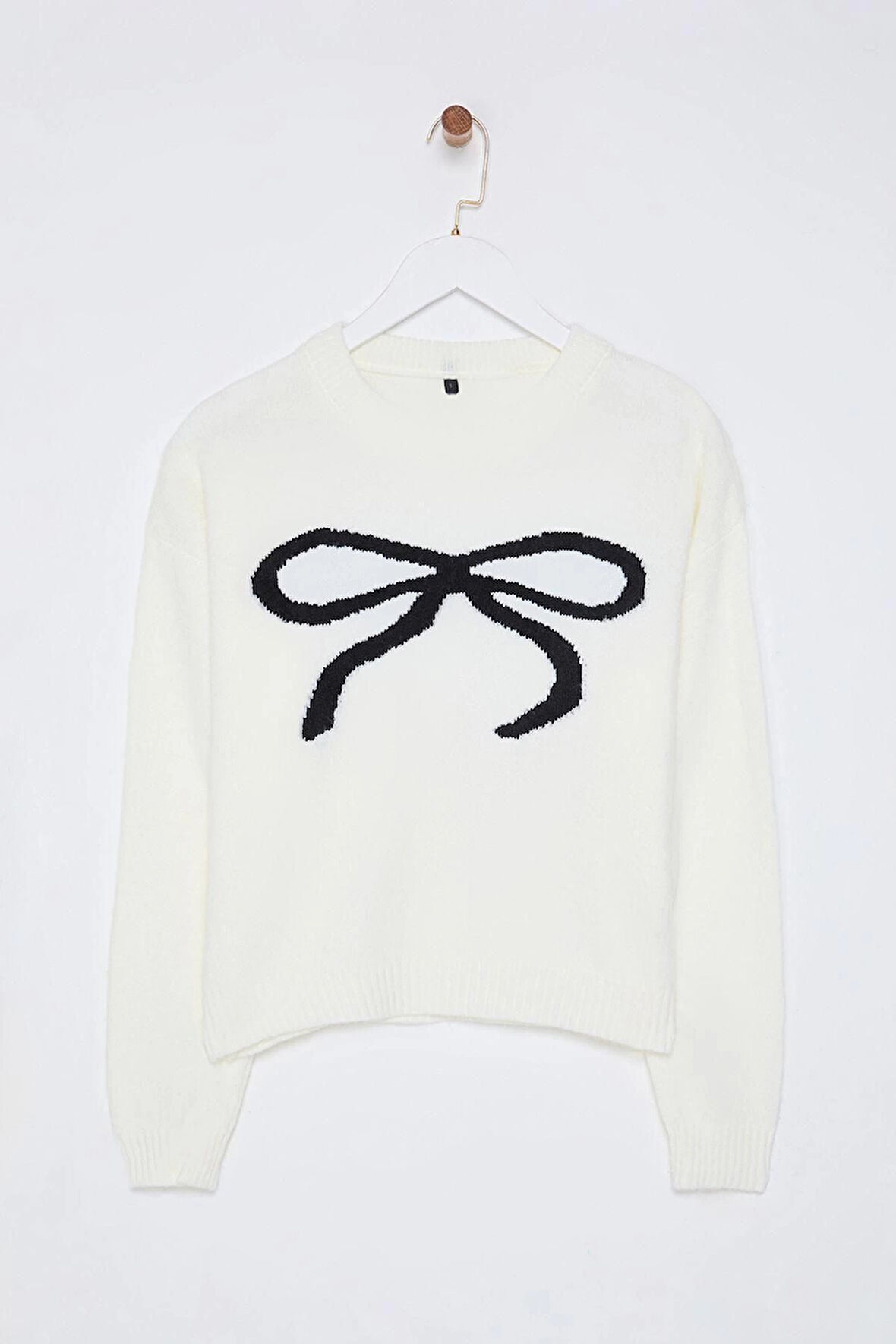 Kadın Moda Şık Bisiklet Yaka Standart Kol Regular Kurdele Desenli Triko Kazak