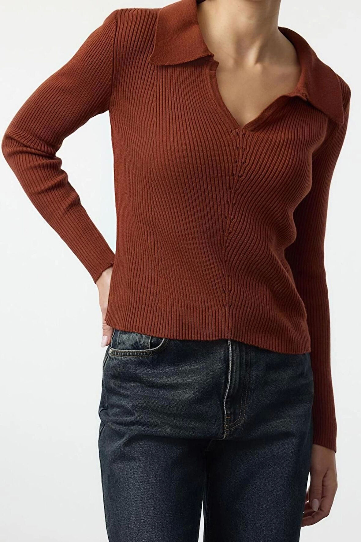 Kadın Moda Şık Polo Yaka Standart Kol Regular Triko Kazak