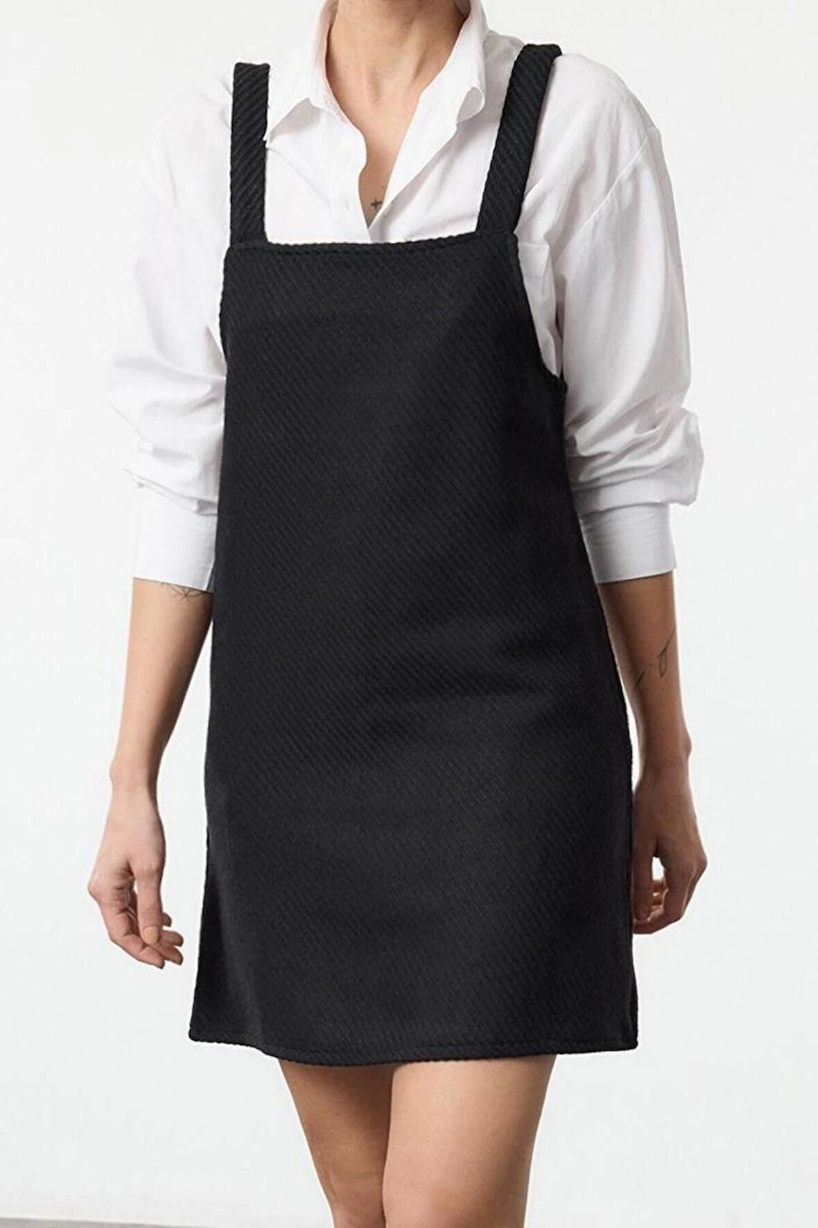 Kadın Moda Şık Mini Boy Kare Yaka Regular Balıksırtı Jile Dokuma Elbise