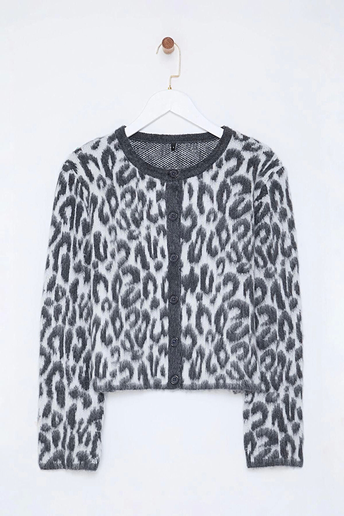 Kadın Moda Şık Bisiklet Yaka Standart Kol Regular Leopar Desenli Triko Hırka