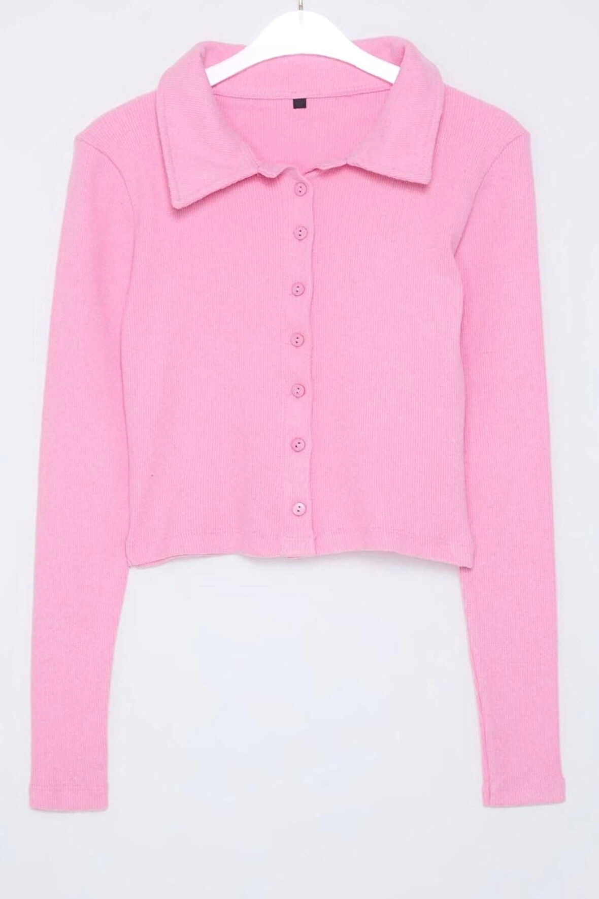 Kadın Şık Crop Gömlek Yaka Slim Kalıp Örme  Vücuda Oturan Polo Yaka Fitilli Esnek Bluz