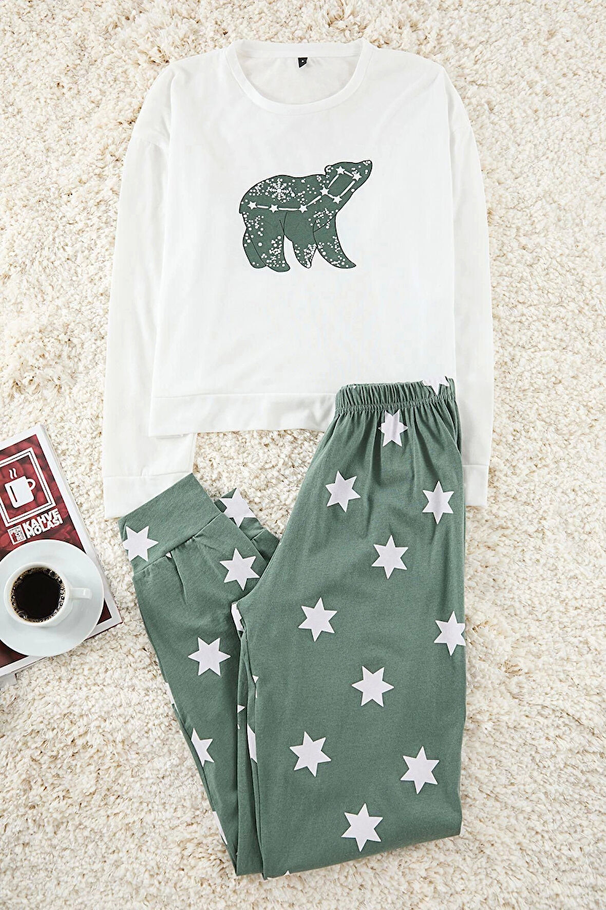 Kadın Moda Şık Bisiklet Yaka Boru Paça Uzun Kol %100 Pamuklu Yıldız Desenli Örme Pijama Takımı