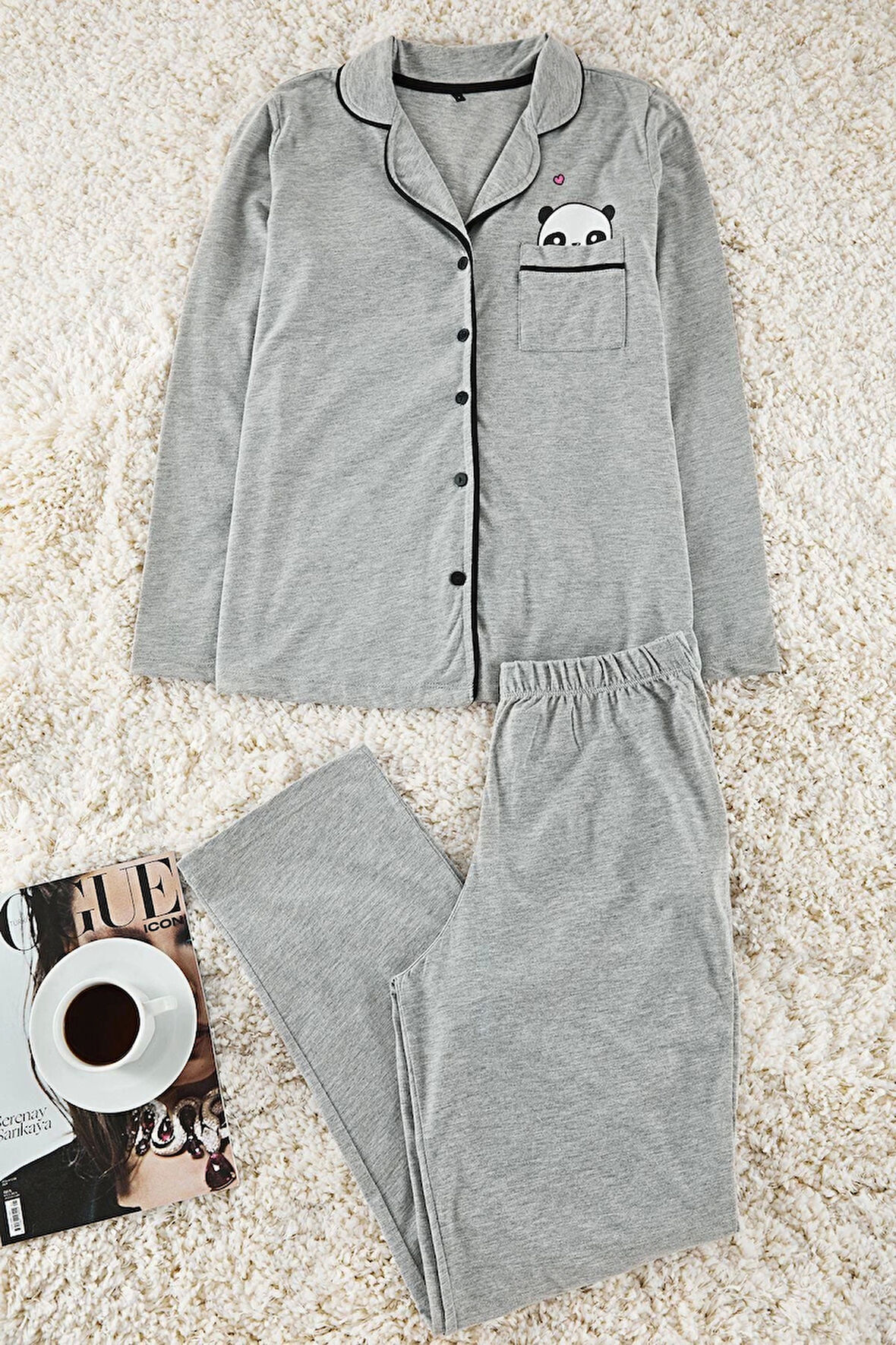 Kadın Moda Şık Gömlek Yaka Boru Paça Uzun Kol Pamuklu Panda Baskılı Örme Pijama Takımı