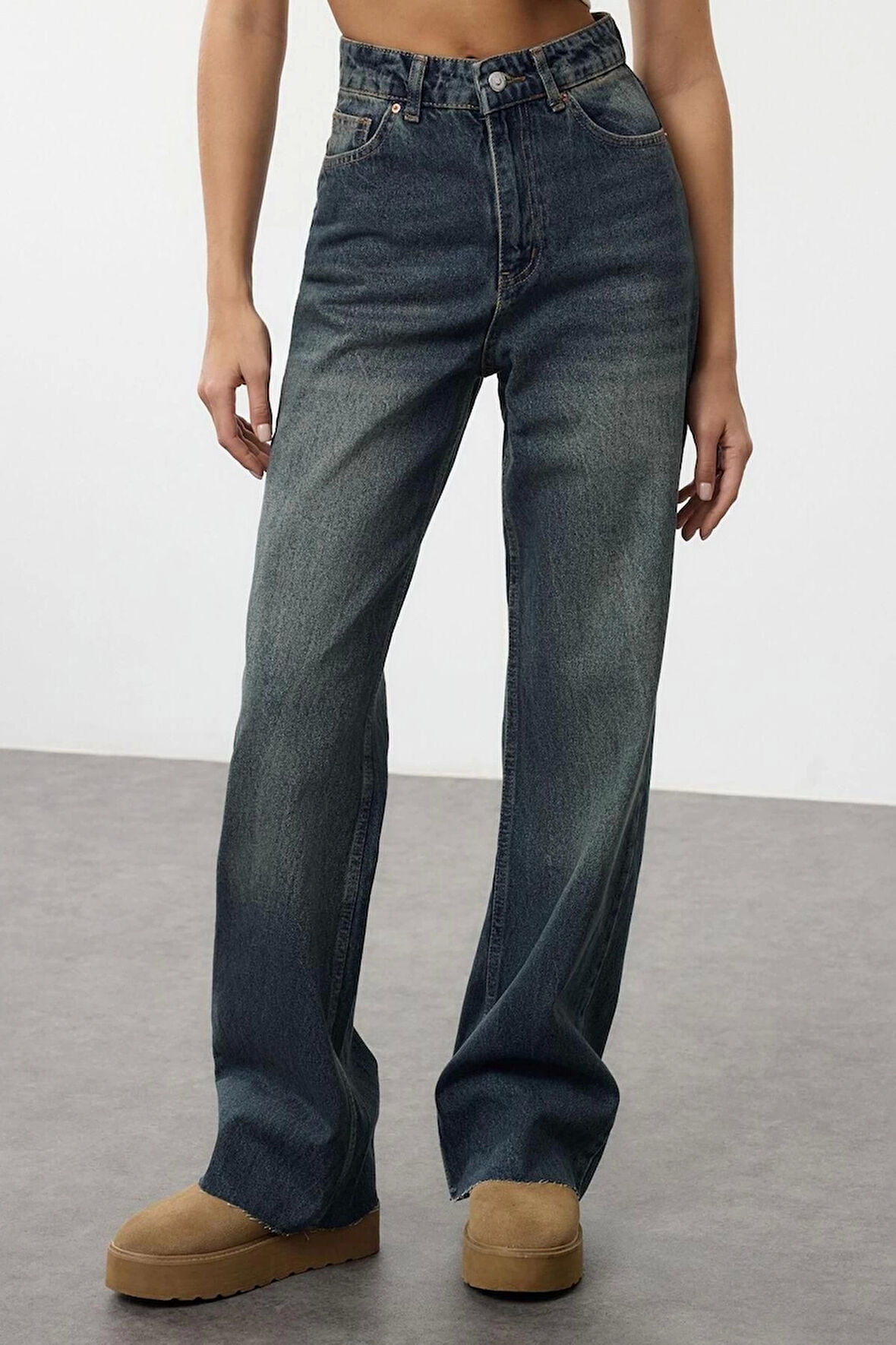 Kadın Moda Şık Kot Pantolon Geniş Paça Uzun Boy Denim Mavi Yüksek Bel Straight Jeans