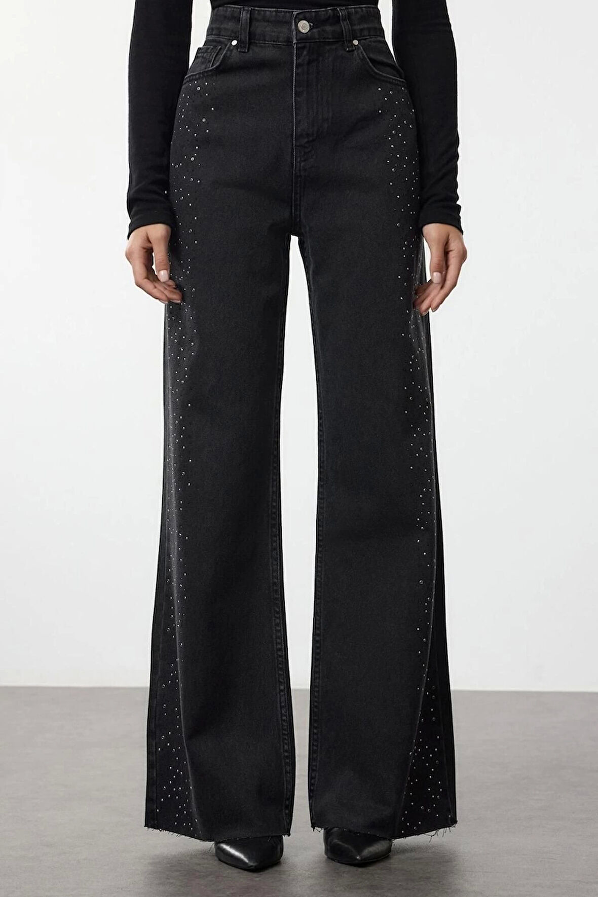 Kadın Moda Şık Kot Pantolon Geniş Paça Uzun Boy Denim Taşlı Yüksek Bel Jeans