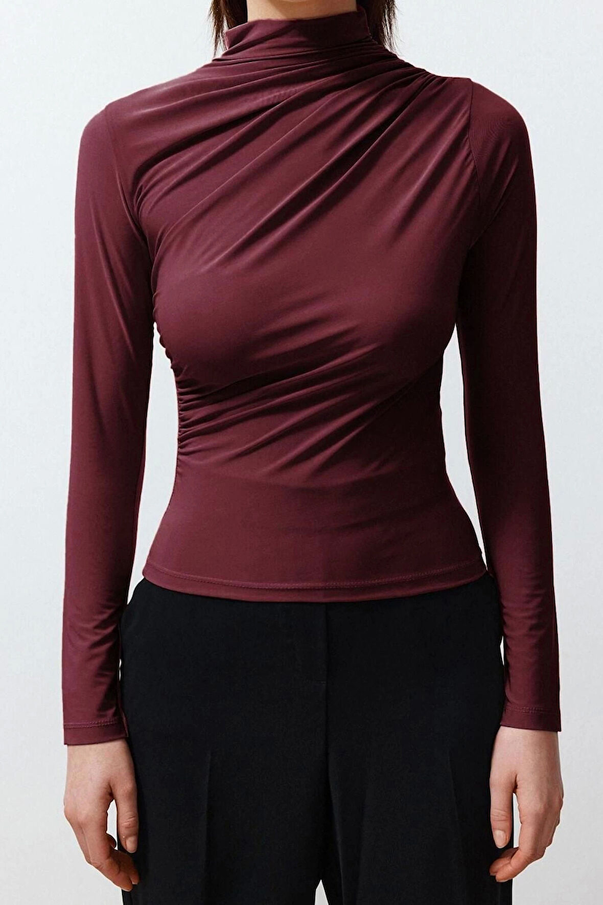 Kadın Moda Şık Üst Giyim Crop Dik Yaka Slim Kalıp Örme Büzgülü Kare Yaka Vücuda Oturan Esnek Bluz