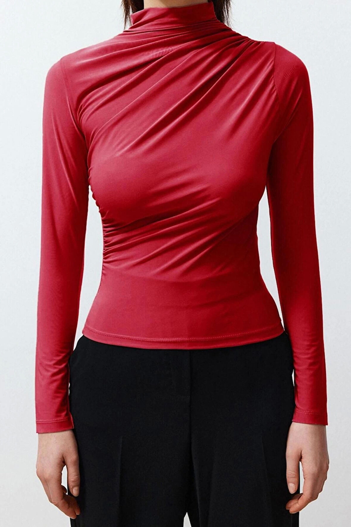 Kadın Moda Şık Üst Giyim Crop Dik Yaka Slim Kalıp Örme Büzgülü Kare Yaka Vücuda Oturan Esnek Bluz