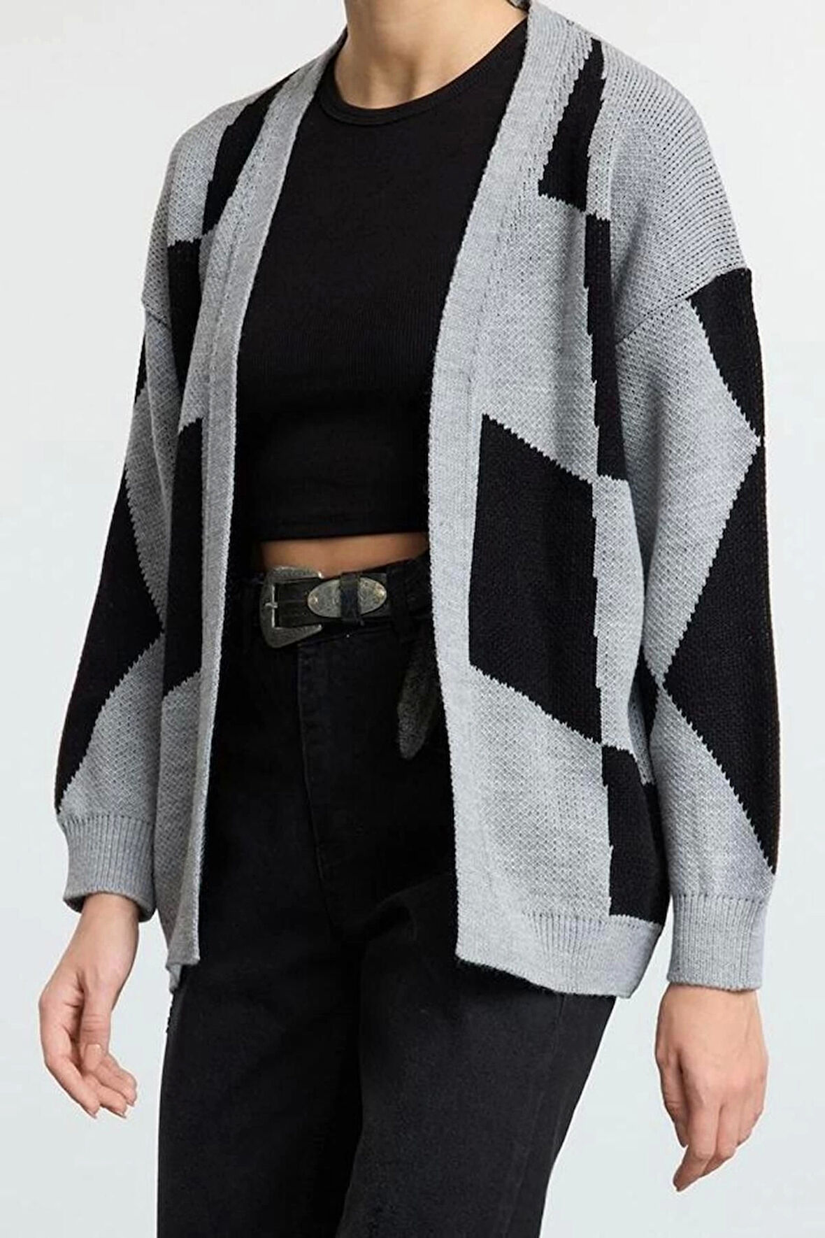 Kadın Moda Şık V Yaka Düşük Kol Midi Geometrik Desenli Triko Hırka