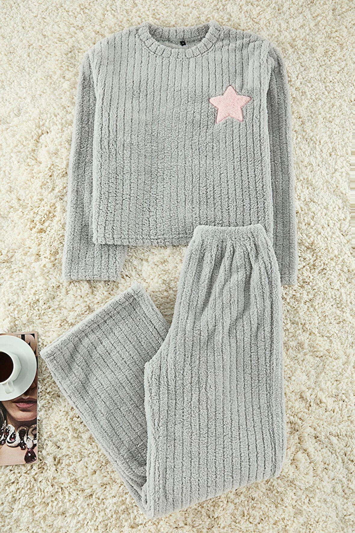 Kadın Bisiklet Yaka Boru Paça Uzun Kol Yıldız Nakışlı Çizgili Kışlık Wellsoft Örme Pijama Takımı