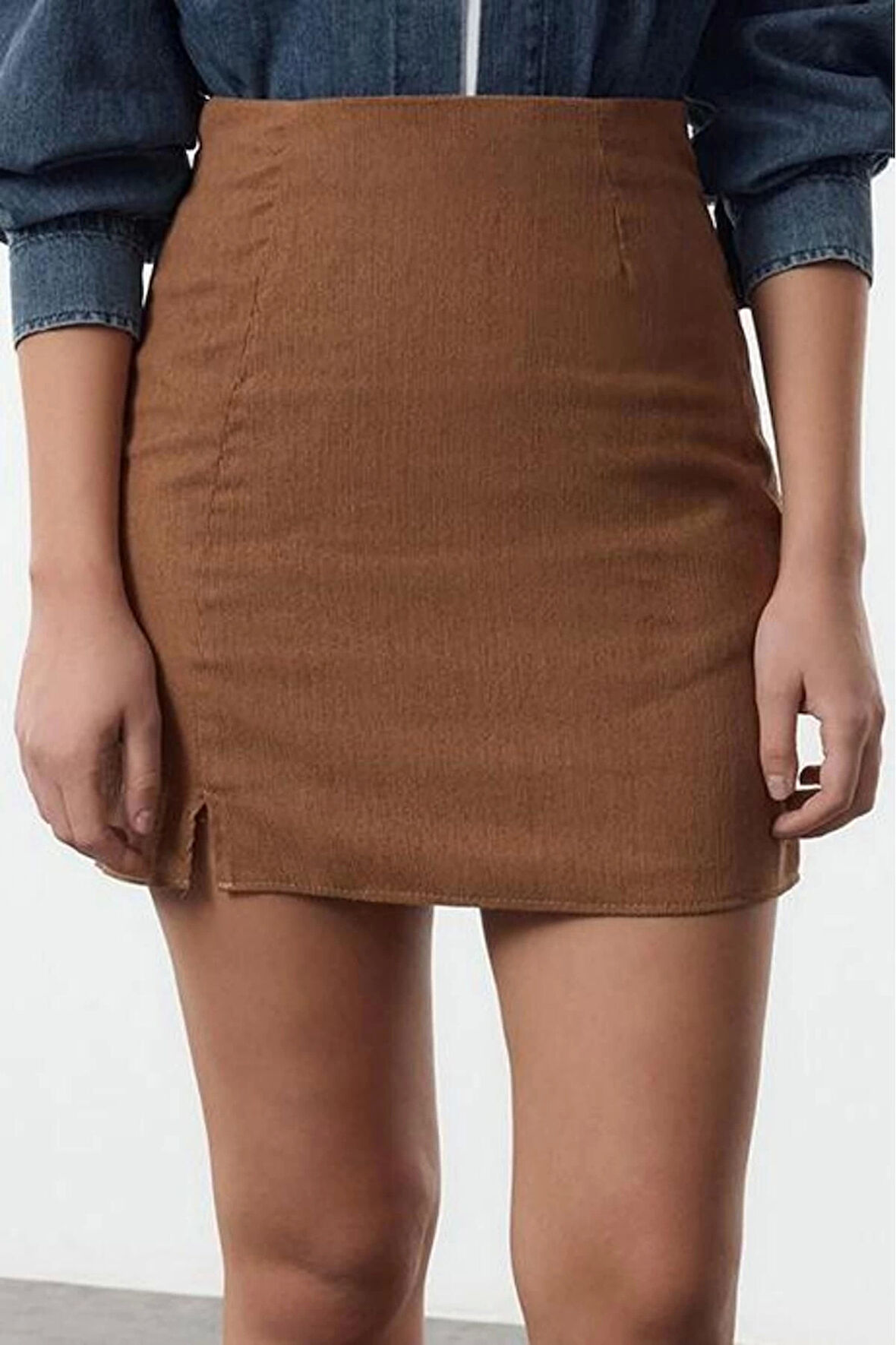 Kadın Moda Stil Maxi Astarsız Dokuma Kadife Kumaş Yırtmaçlı Mini Boy Dokuma Etek