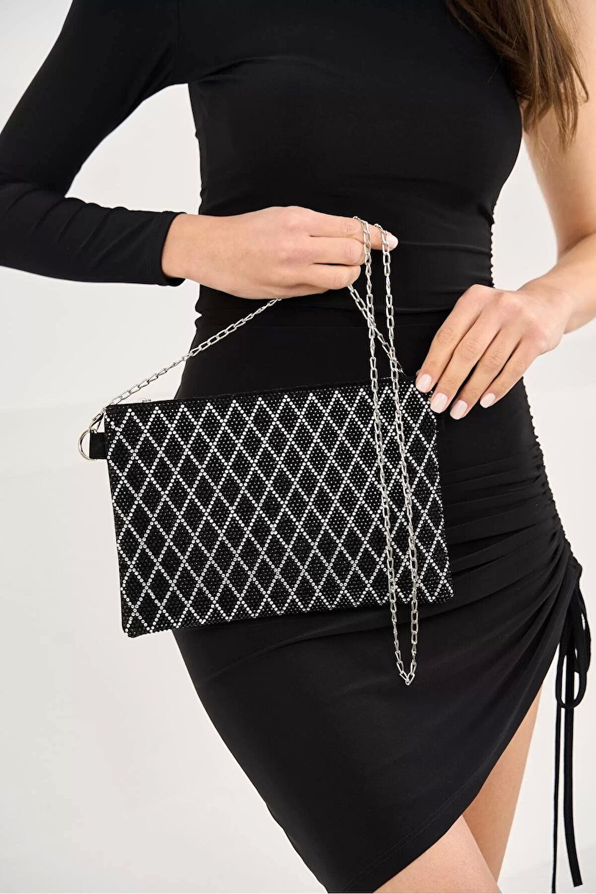 Şık Damla Taş Detaylı Clutch El ve Omuz Çantası Zincir Askılı Dayanıklı Malzeme Seçkin Malzeme