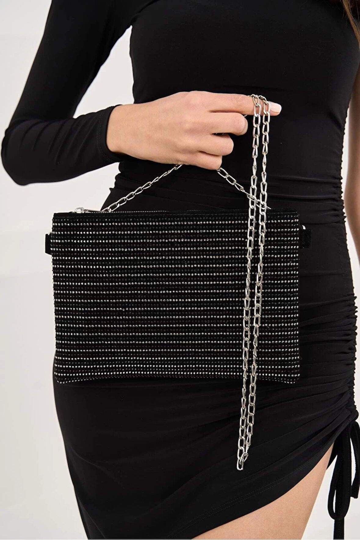 Şık Damla Taş Detaylı Clutch El ve Omuz Çantası Zincir Askılı Dayanıklı Malzeme Seçkin Malzeme
