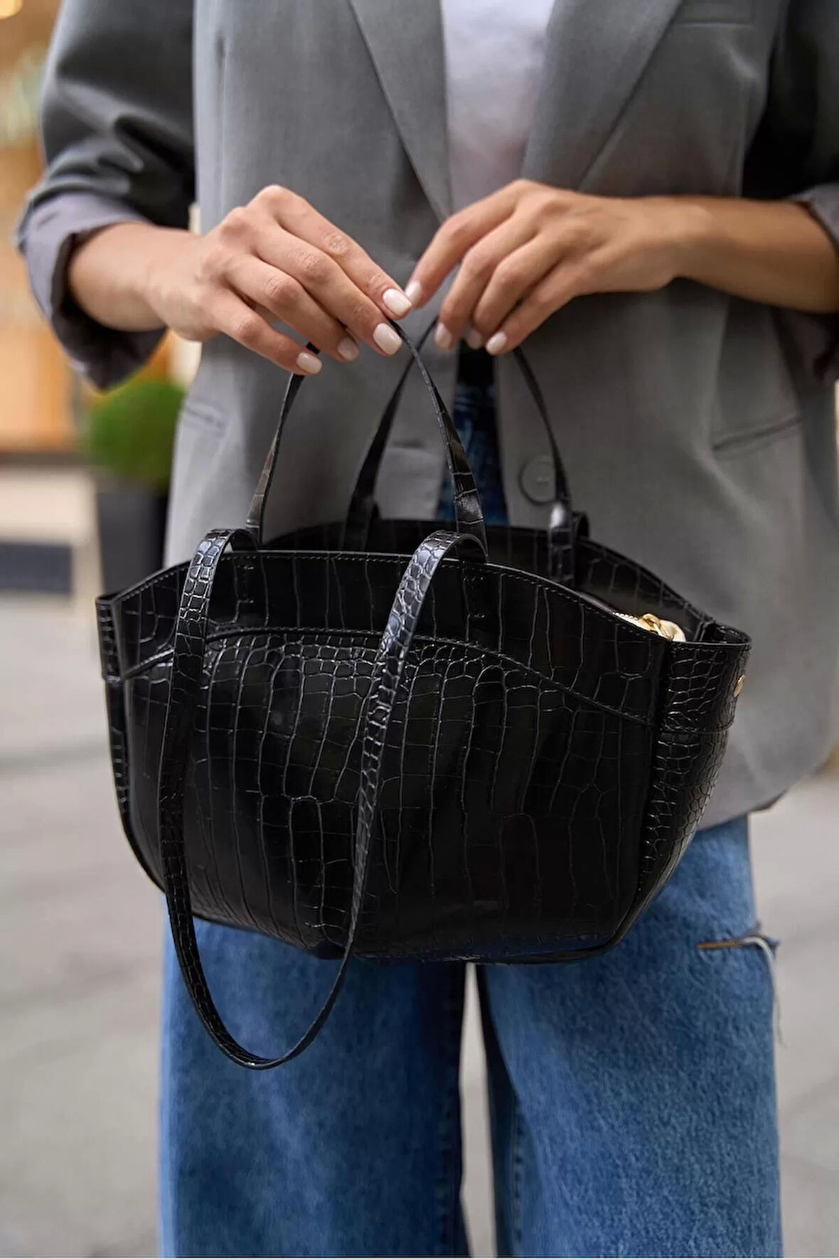 Kadın Geniş Fermuarlı PU Deri Shopper Çanta El ve Omuz Askılı Günlük Premium Kalite Özel Tasarım