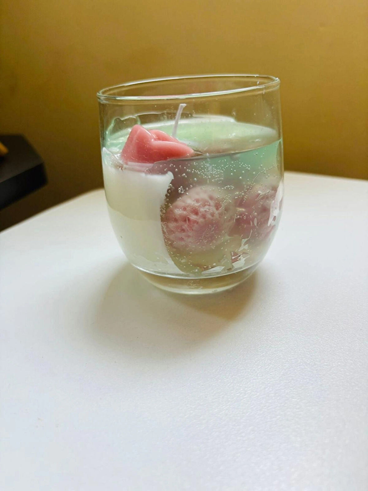 MUM El Yapımı Gül Detaylı Jel & Soya Bardak – Pembe & Yeşil