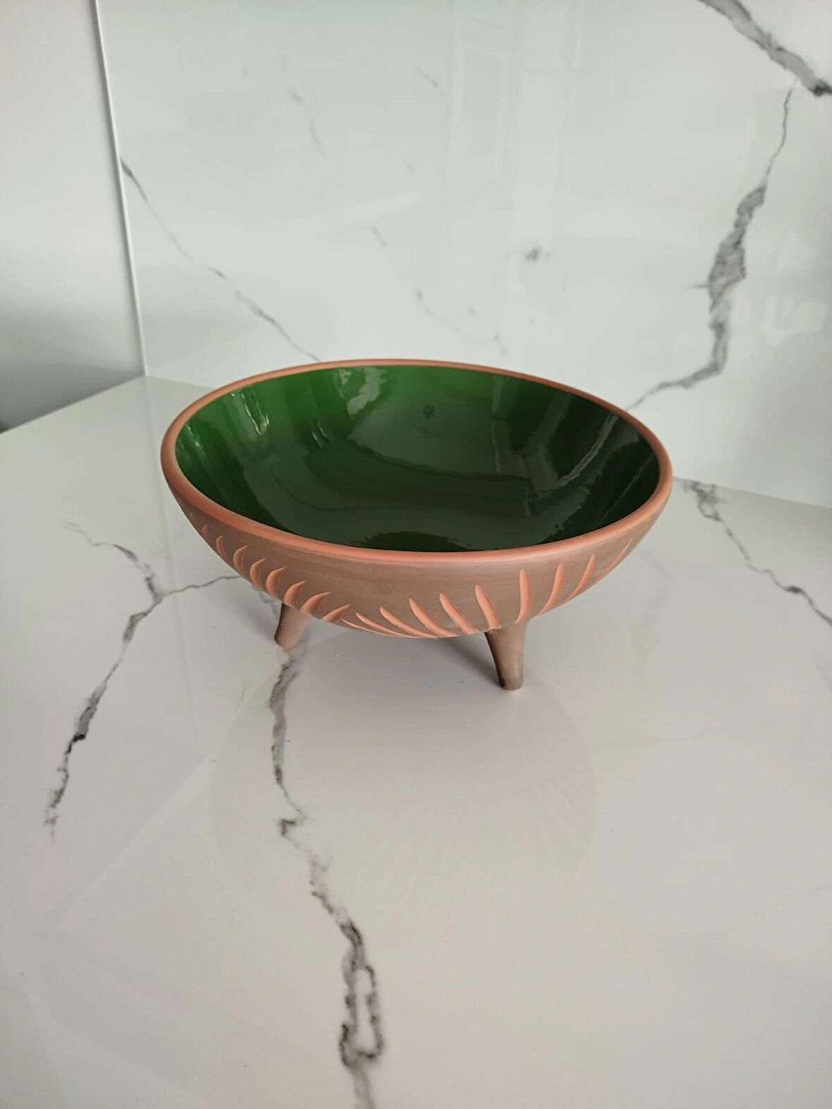 Sunumluk 25 cm Ayaklı Toprak Kazımalı Yeşil Sırlı Sunumluk Kase