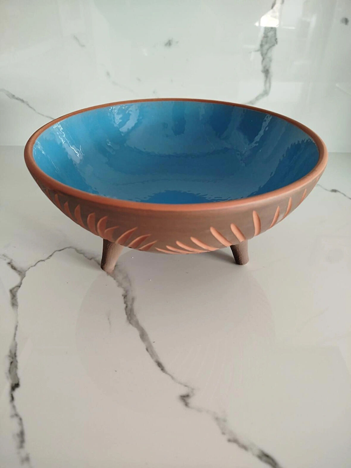 Sunumluk 25 cm Ayaklı Toprak Kazımalı Sırlı Sunumluk Kase