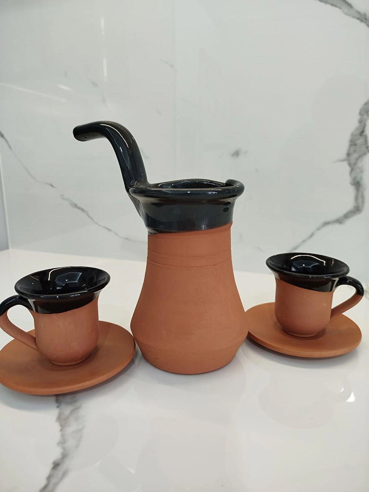 Toprak İçi Sırlı 2'li Siyah Kahve Fincan Takımı Siyah Model 1 ve Yeşil Renk Cezve