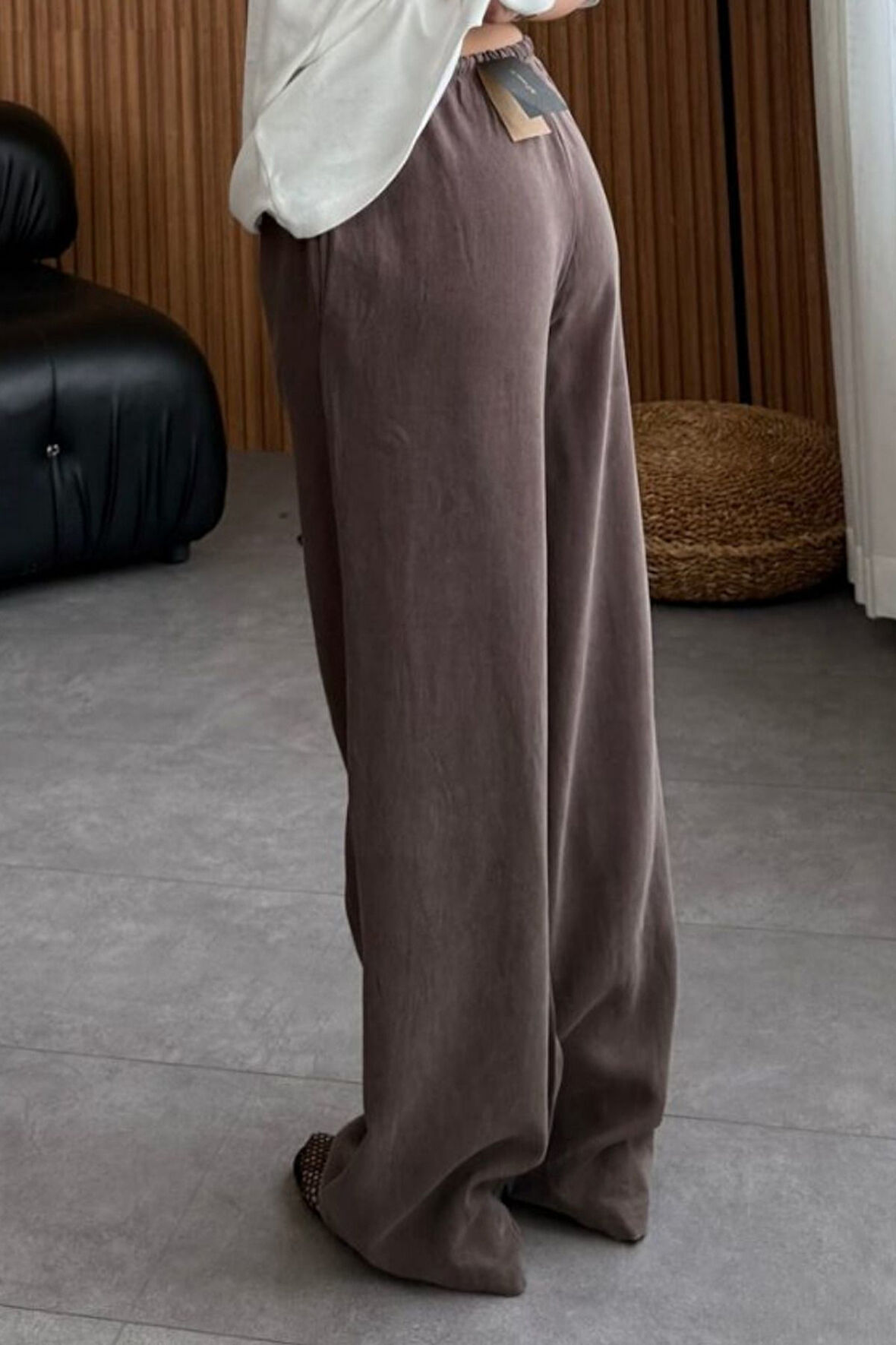 Feela Moda 2008 Bağcıklı Beli Lastikli Yıkamalı Modal Dokuma Palazzo Kadın Pantolon