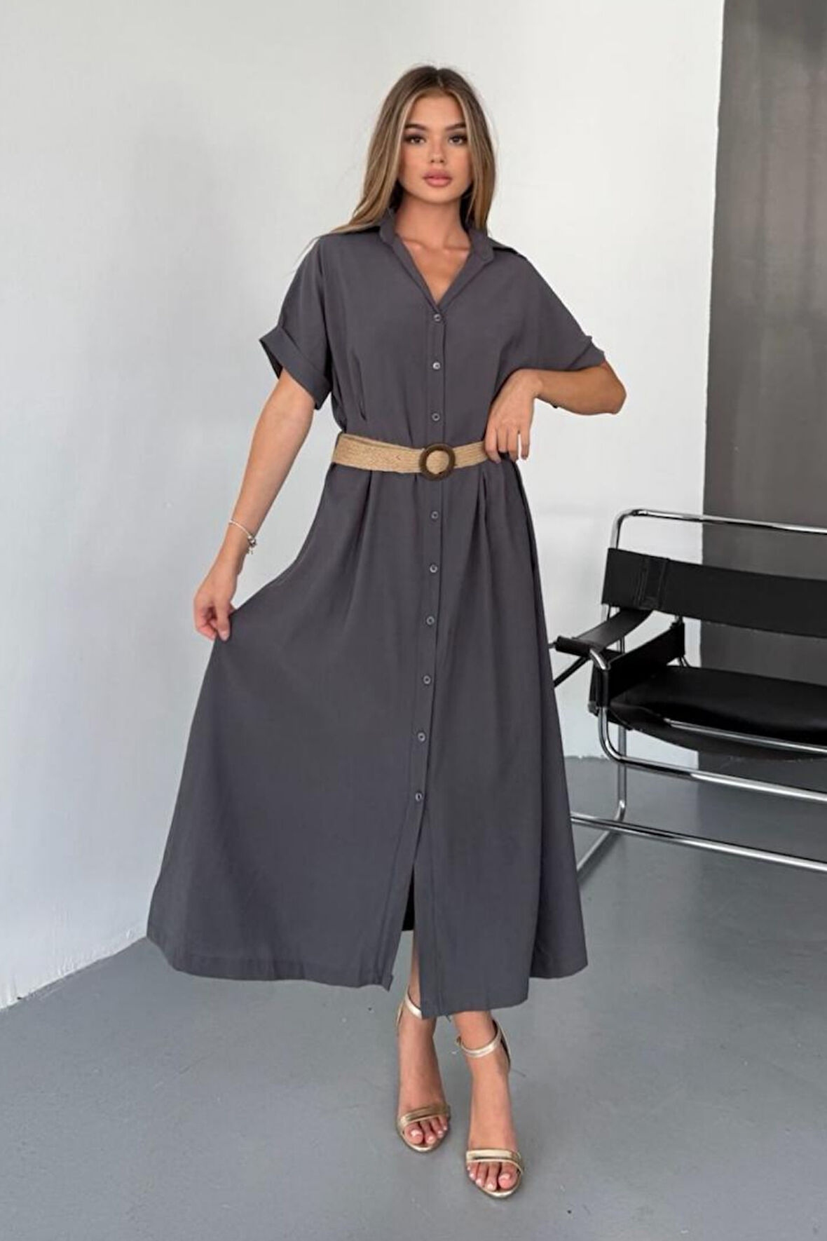 Feela Moda Kadın Modal Dokuma Kemerli Gömlek Elbise 2015