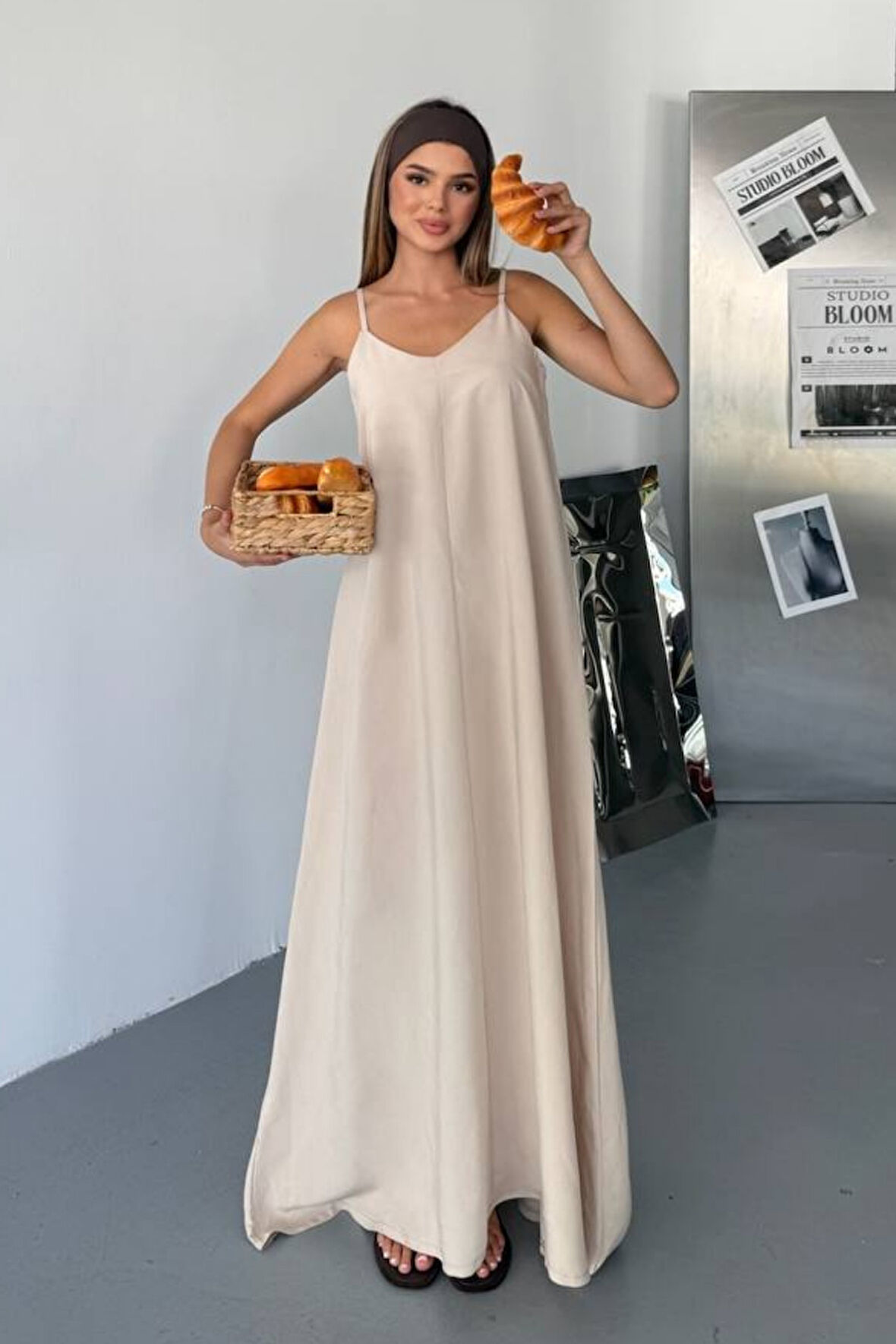 Feela Moda Kadın Modal Dokuma Ayarlanabilir Askılı Yaka Büzgülü Elbise 2017