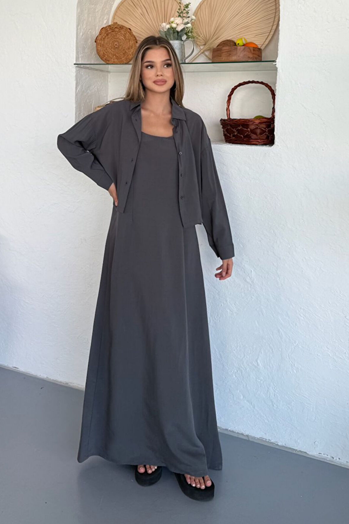 Feela Moda Kadın Modal Dokuma Ayarlanabilir Askılı Bolerolu Elbise Takım 2018