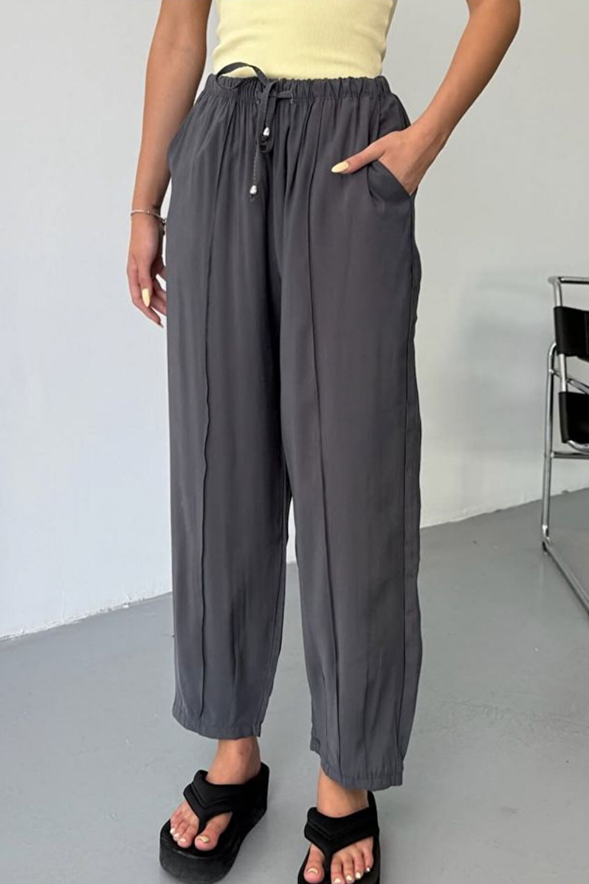 Feela Moda Kadın Modal Cupra Beli Lastikli Çımalı Şalvar Pantolon 2019