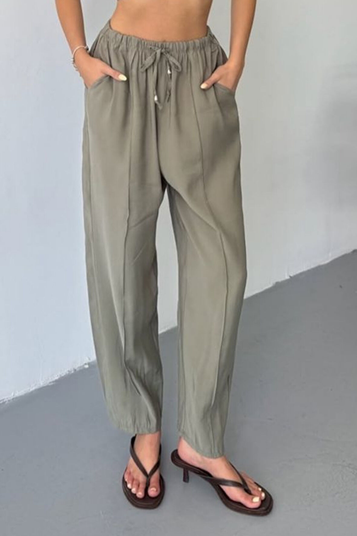 Feela Moda Kadın Modal Cupra Beli Lastikli Çımalı Şalvar Pantolon 2019