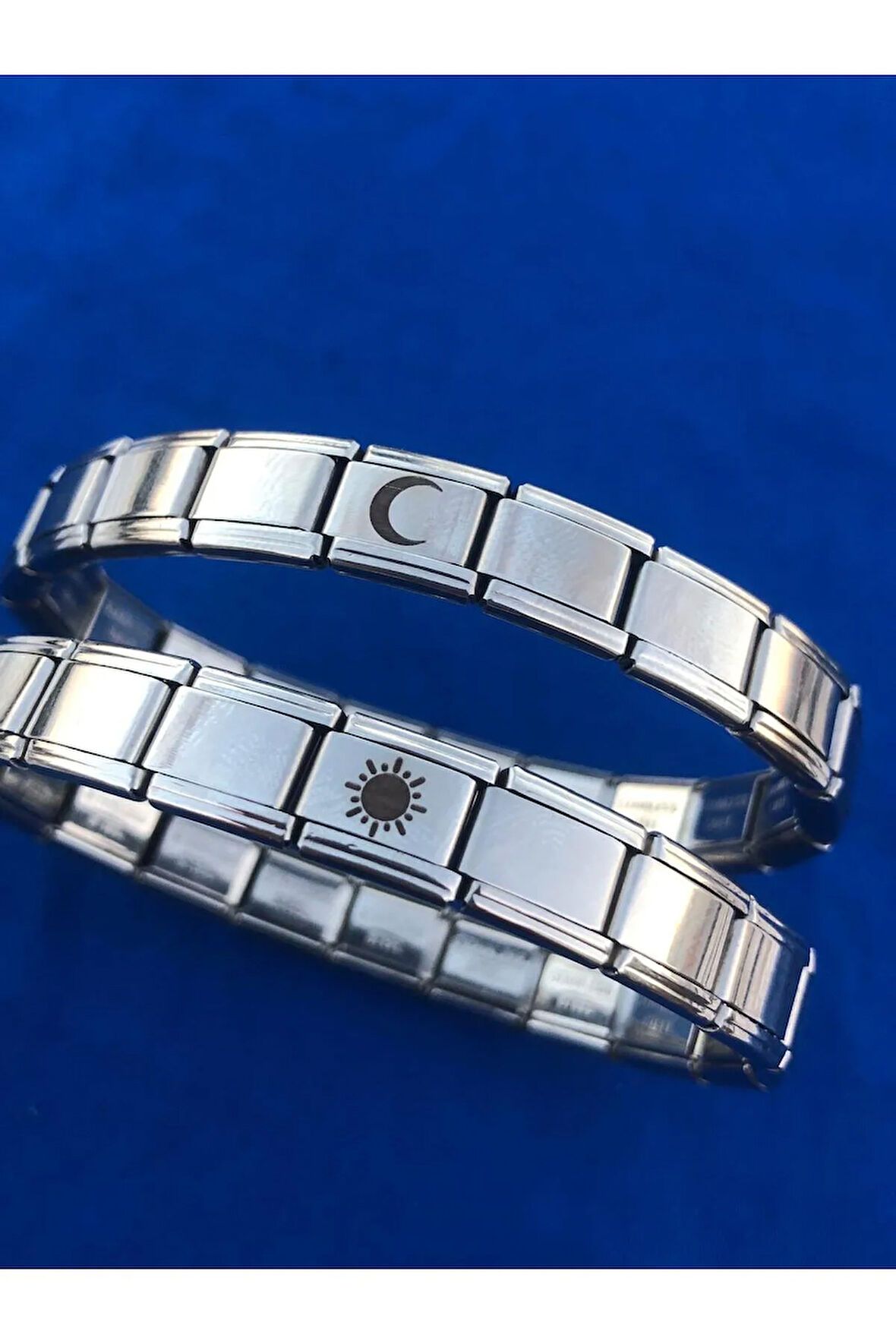 Çelik İtalyan charmlı bileklik Ay ve Güneş 2li çift Sevgili bilekliği hediye notu yazılır