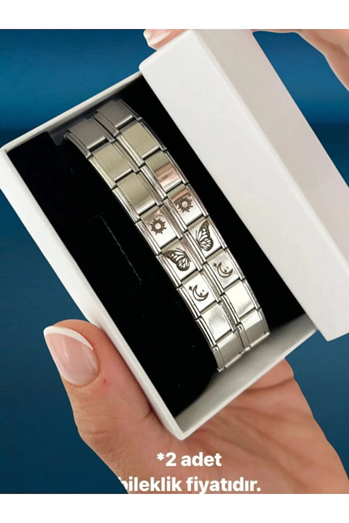 İtalyan Charm Bileklik Sevgili Kelebek Figürlü İtalyan Çelik Çift Bilekliği 2 Adet Hediye Kutusunda