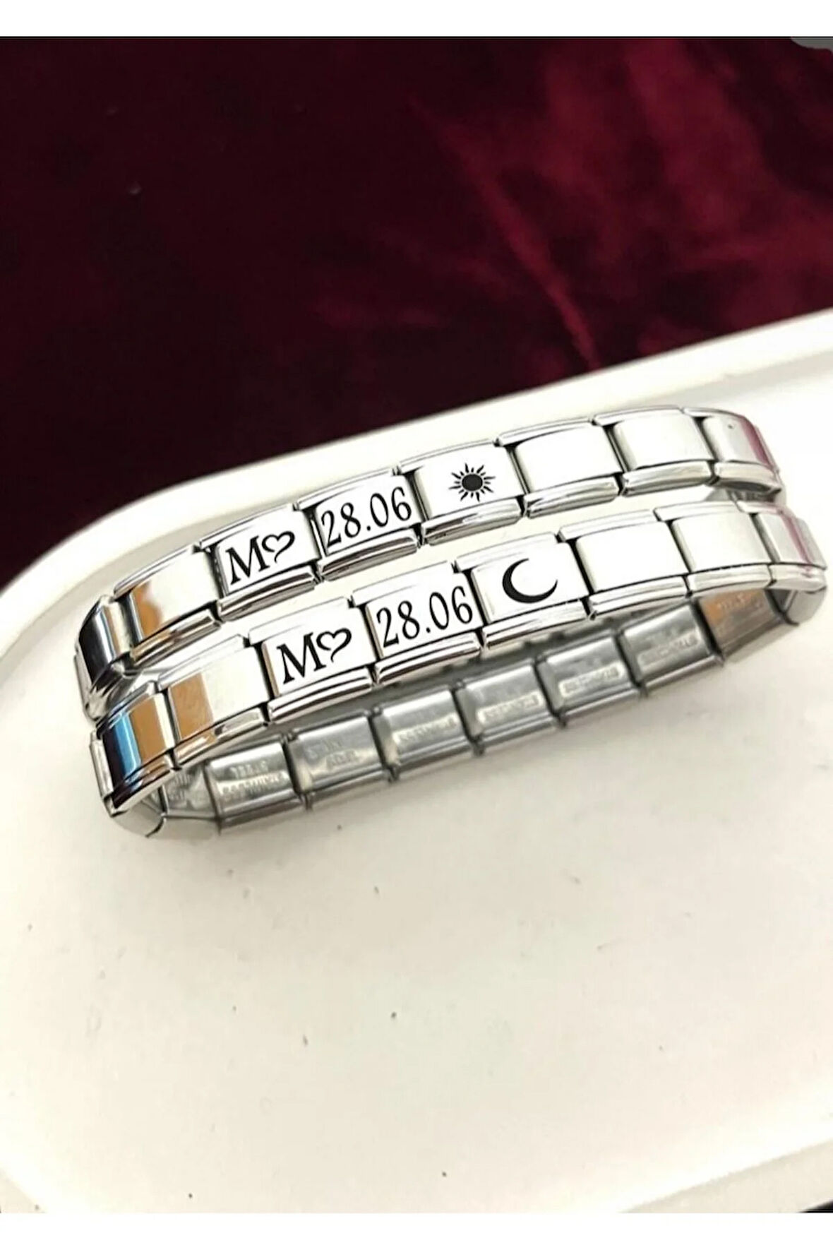 Harfli Güneş Ay Italyan Charm Çelik Çift Bilekliği