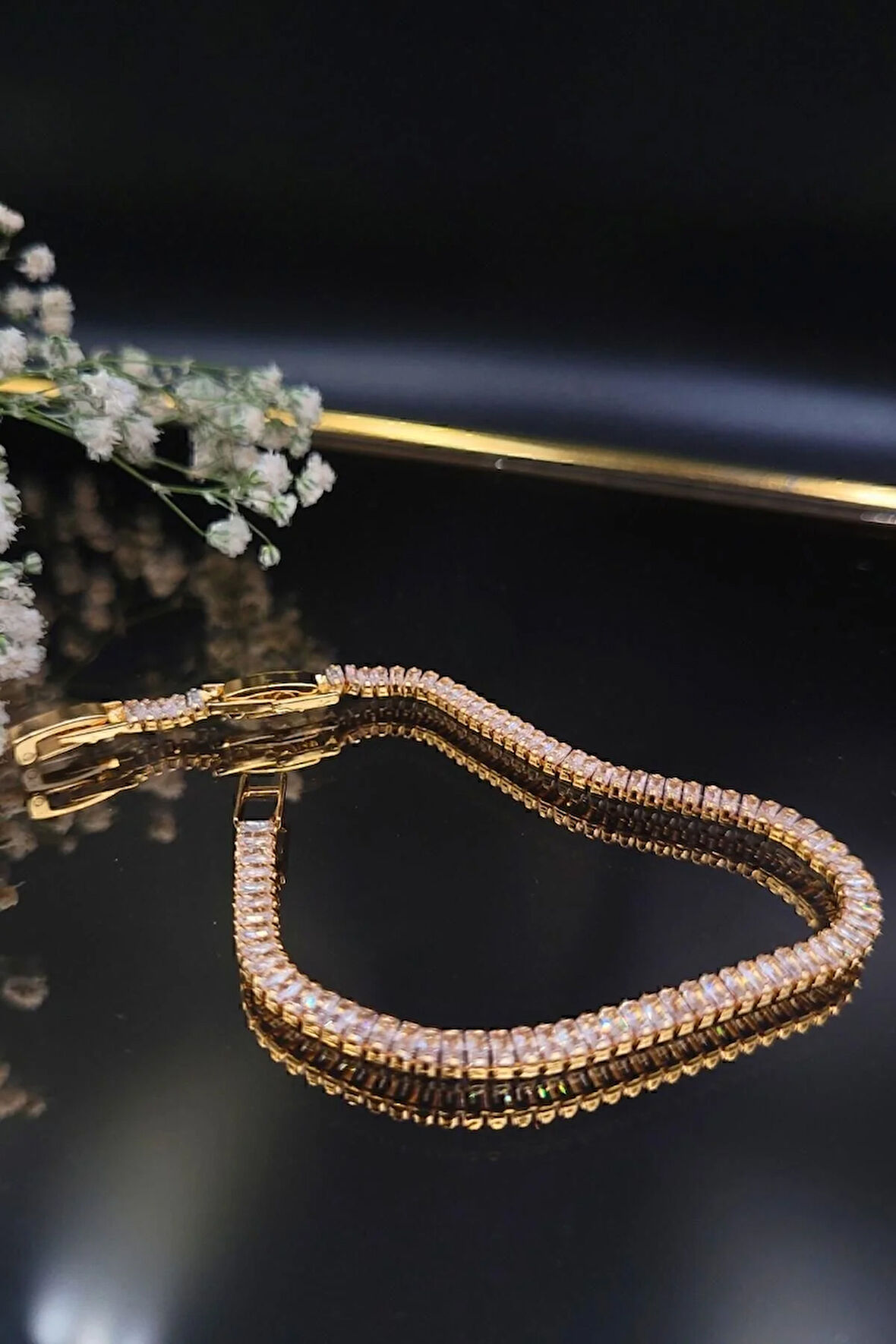 316 L. Çelik Kararmaz Zirkon Baget Taşlı Su Yolu Bileklik Gold