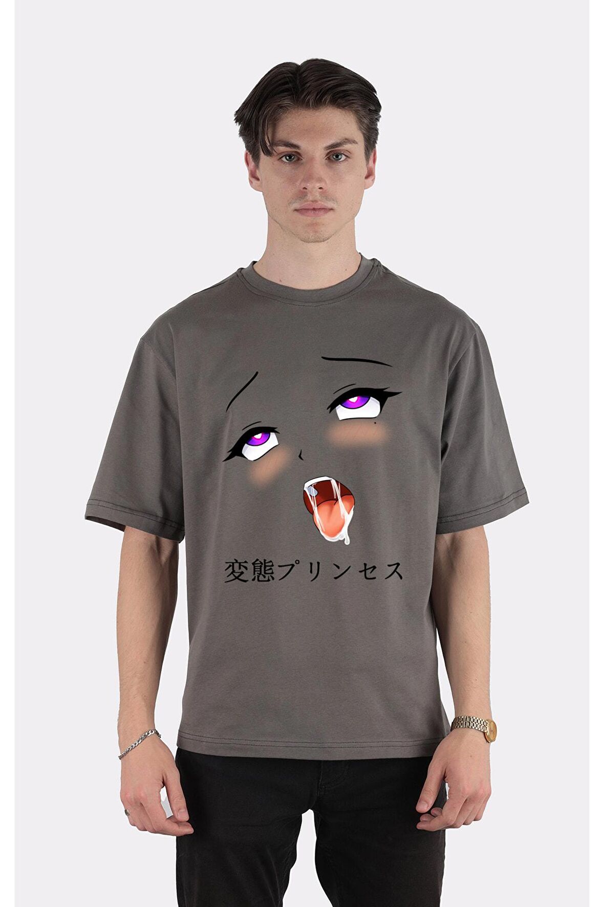 Unisex Siyah Oversize T-shirt Ahegao Princess