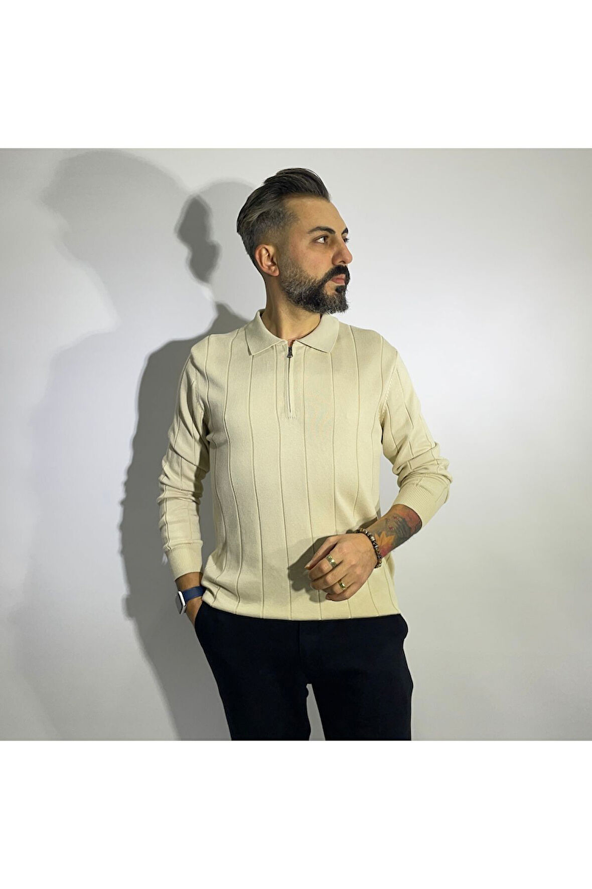 Çizgi Desenli Fermuarlı Polo Yaka Erkek Triko