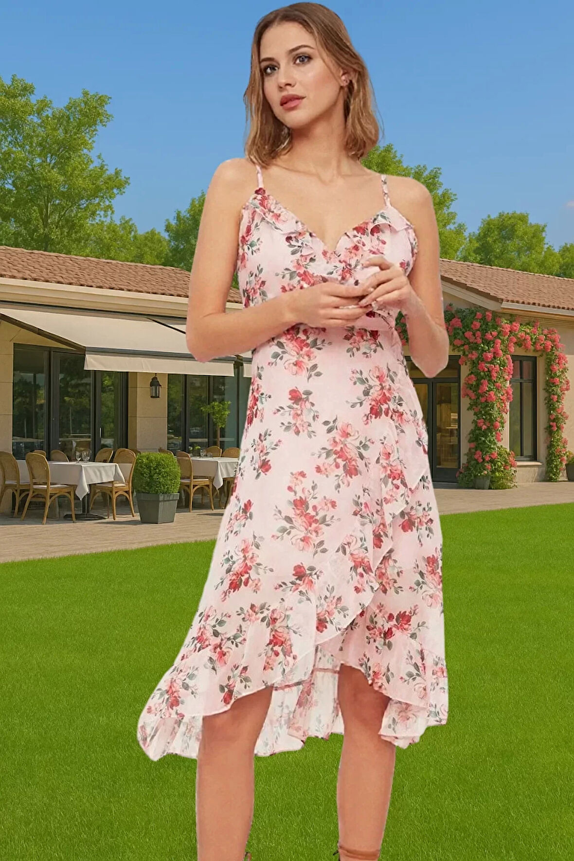 Yazlık Çiçekli Şifon Elbise Midi Boy Polyester Zarifane Tasarım Rahat Ve Şık Konforlu Kesim