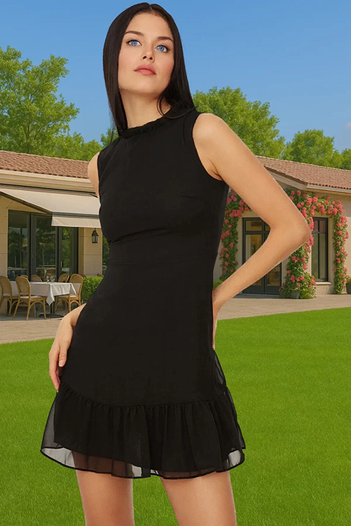 A Kesim Kolsuz Şifon Mini Elbise Polyester Dokuma Yazlık Profesyonel Görünüm Konforlu Kesim